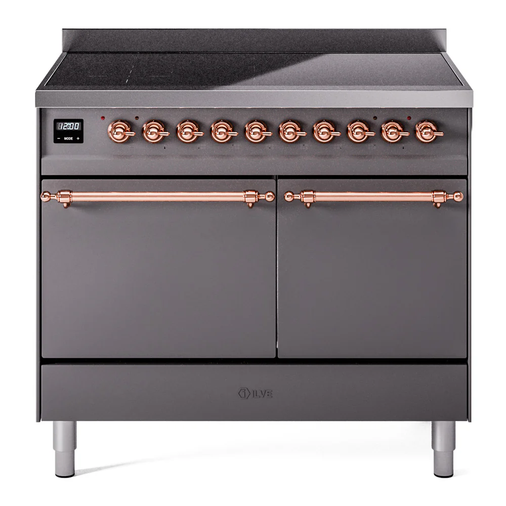 ILVE 40-Inch Nostalgie II Induction Range with Solid Door Oven in Matte Graphite with Copper Trim (UPDI406QNMPMGP)