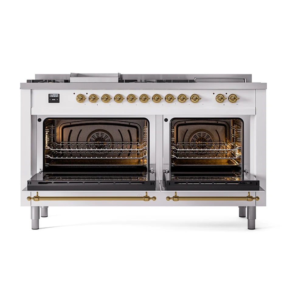 ILVE 60-Inch Nostalgie II Noblesse Dual Fuel Range with 7 Sealed Burners, Gridlde, French Top, and Solid Door Oven in White with Brass Trim (UN60FSQNMPWHG)