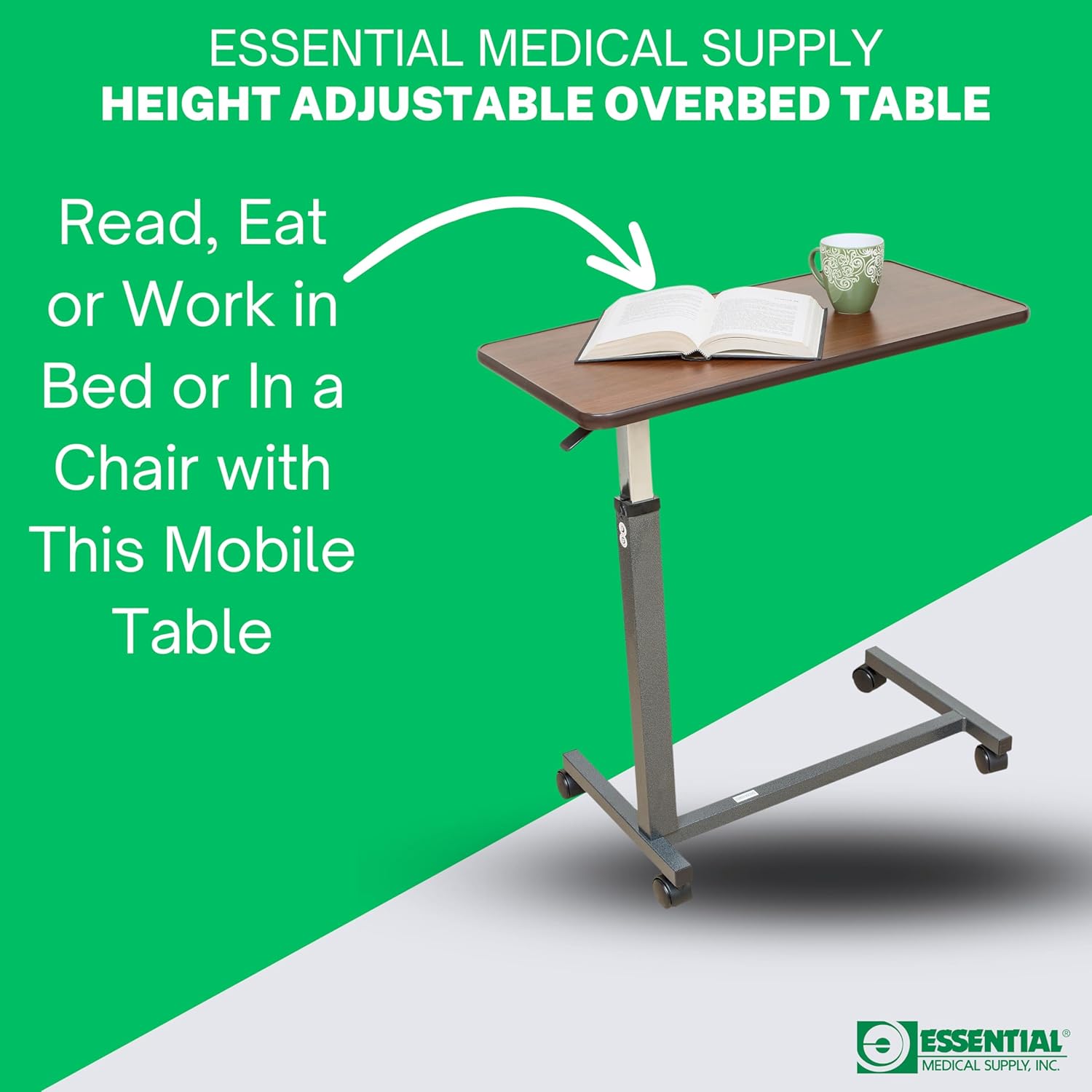 Essential Medical Supply Height Adjustable Automatic Overbed Table - Woodgrain Top with Locking Wheels, Perfect for Hospital and Home Use - Table for Easy Access and Convenience for Adults and Seniors