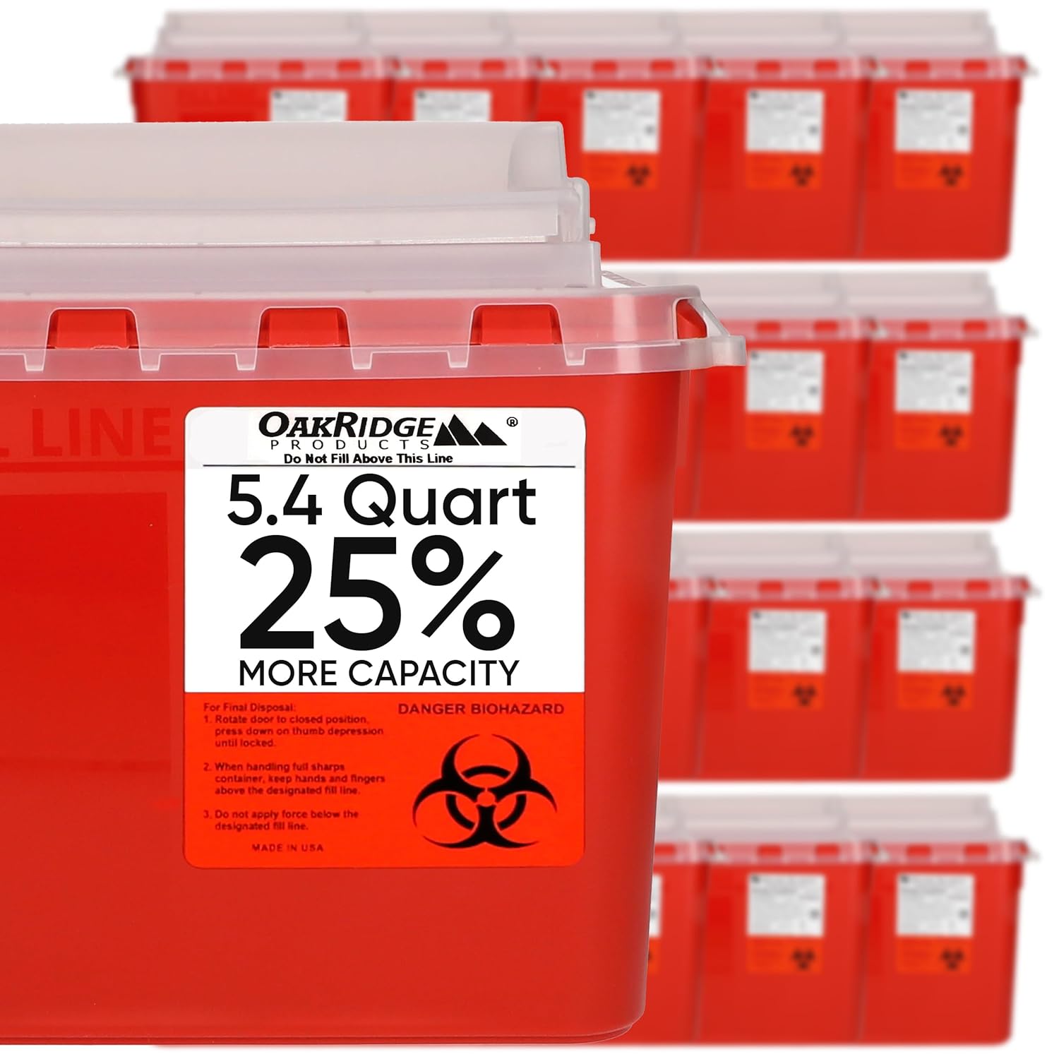 Oakridge Products Transparent Sharps Container for Home Use and Professional 5.4 Quart (20-Pack), Touchless Biohazard Needle and Syringe Disposal, Rotating Lid, CDC Certified