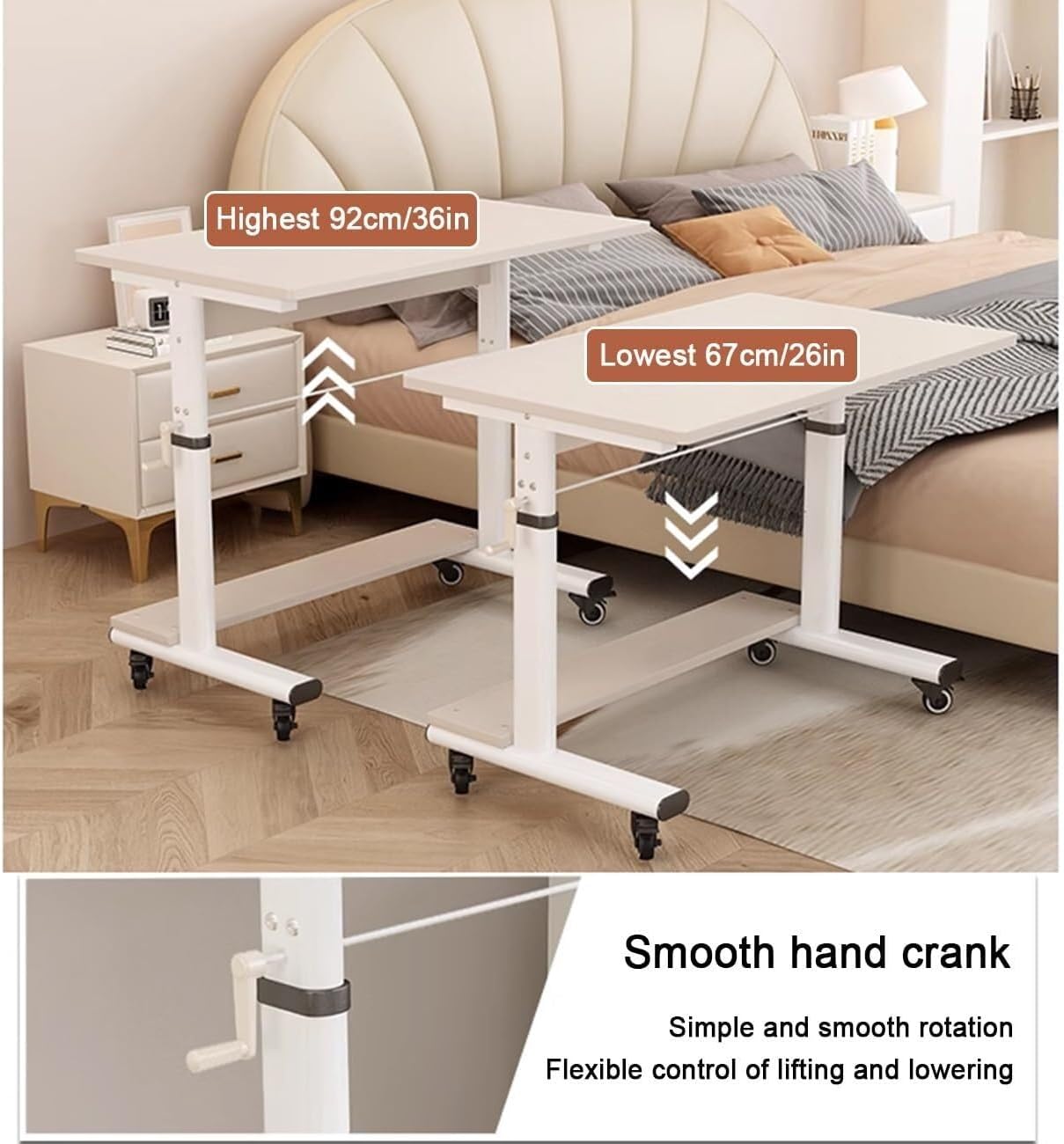 Overbed Table, Mobile Standing Desk with Wheels, Adjustable Height Bedside Laptop Table Hospital Nursing Reading Eating Table