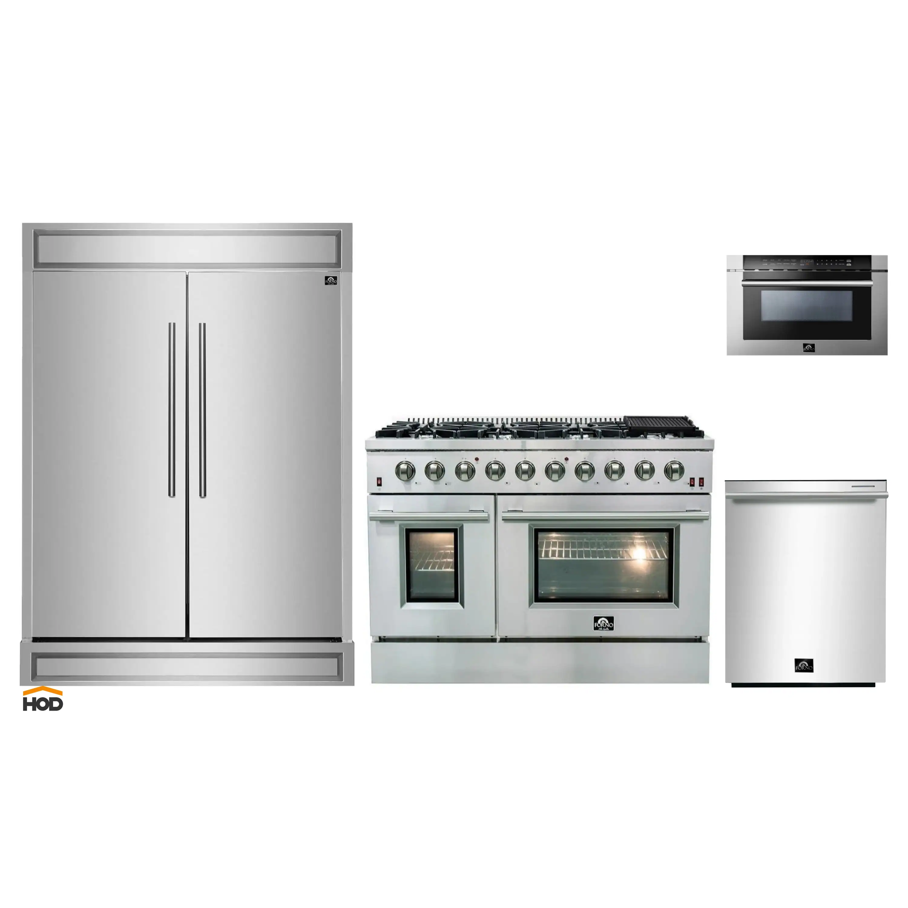 Forno 4-Piece Appliance Package - 48-Inch Gas Range, 60-Inch Refrigerator, 24-Inch Microwave Drawer, & 3-Rack Dishwasher in Stainless Steel