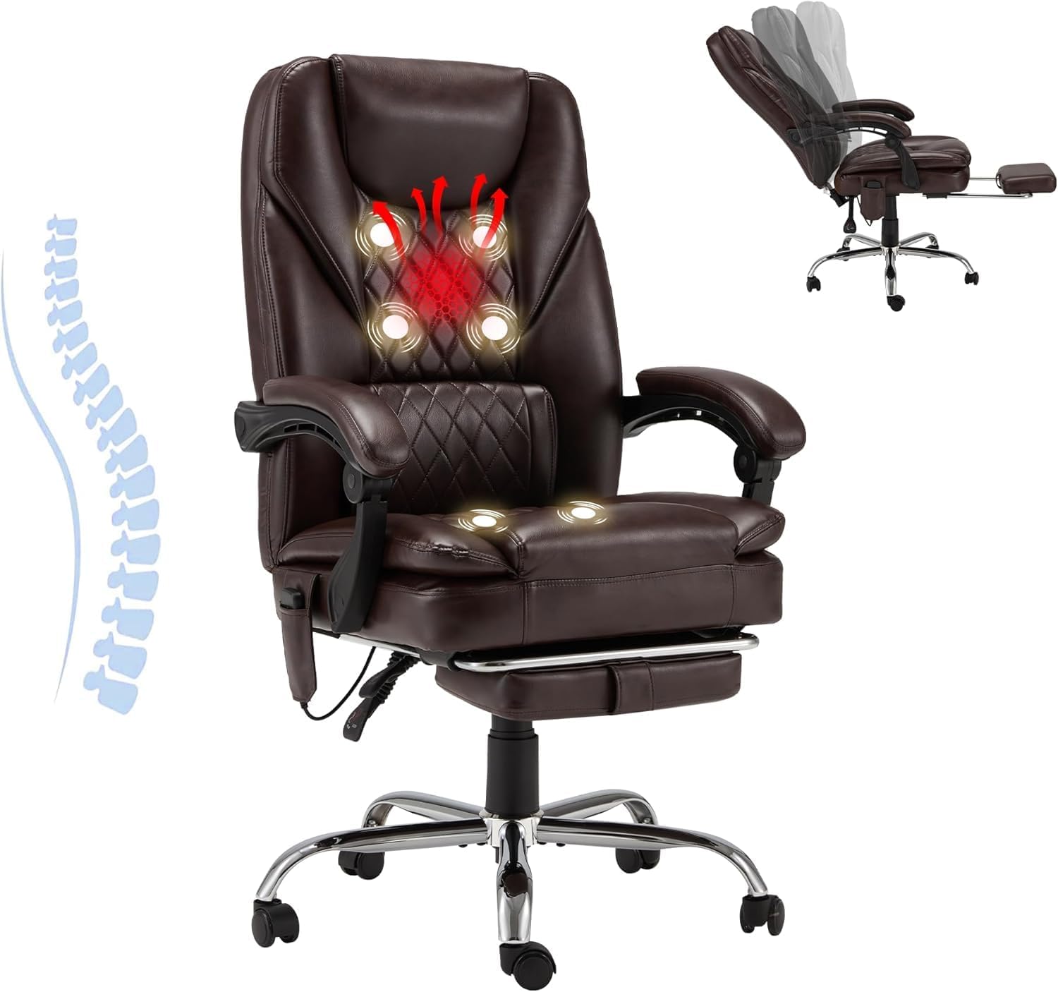 HOMREST 6-Point Massage Office Chair,Heated Executive Chair,Ergonomic Home Office Desk Chair with Foot Rest Retractable Height Adjustable Armrest & Lumbar Support PU Leather (Brown)