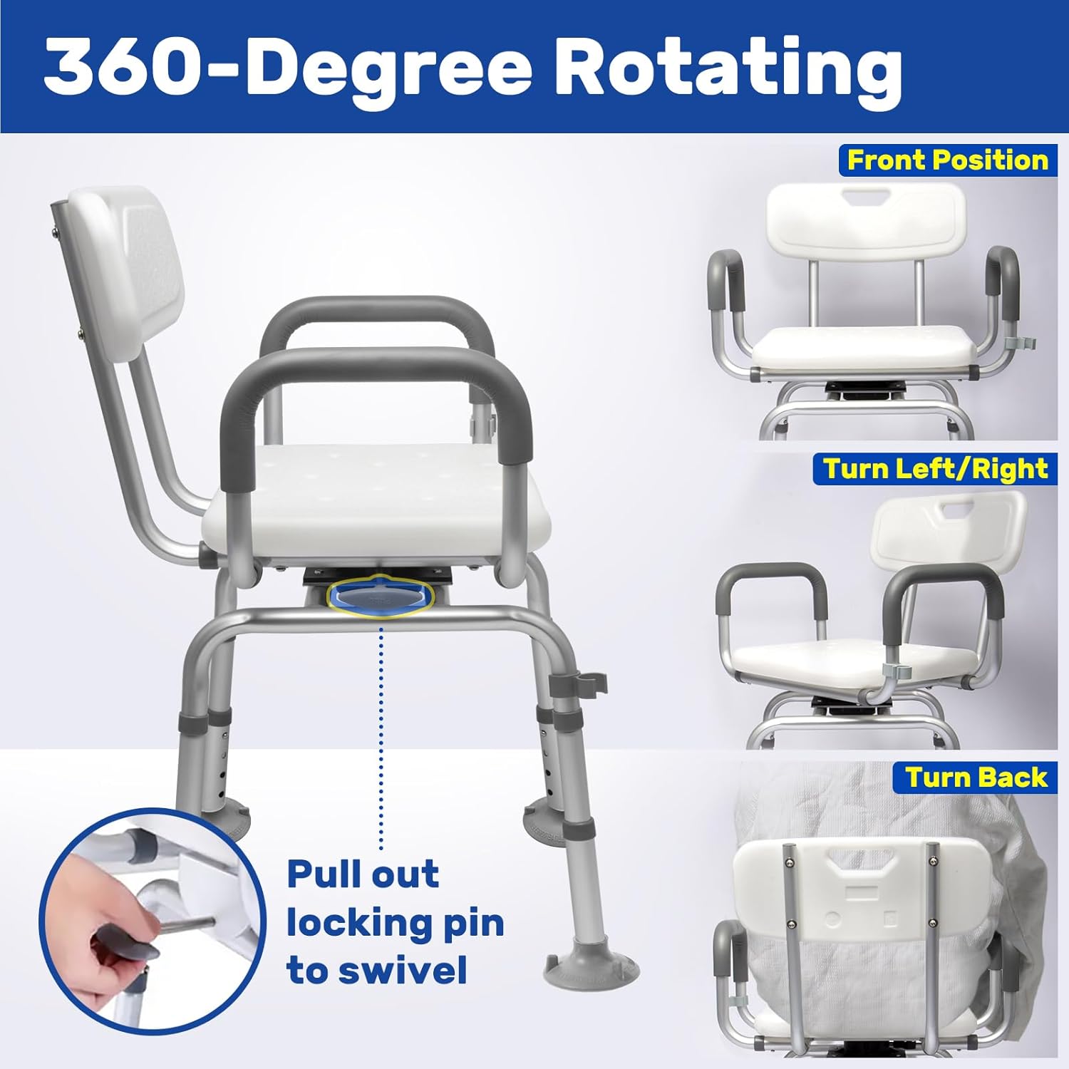 360° Swivel Shower Chair with Back and Arms-FSA Eligible, Rotating Shower Chair, Swiveling Shower Chair with Cold-Proof Pads, Support 400lbs,Swivel Shower Chair for Inside Shower