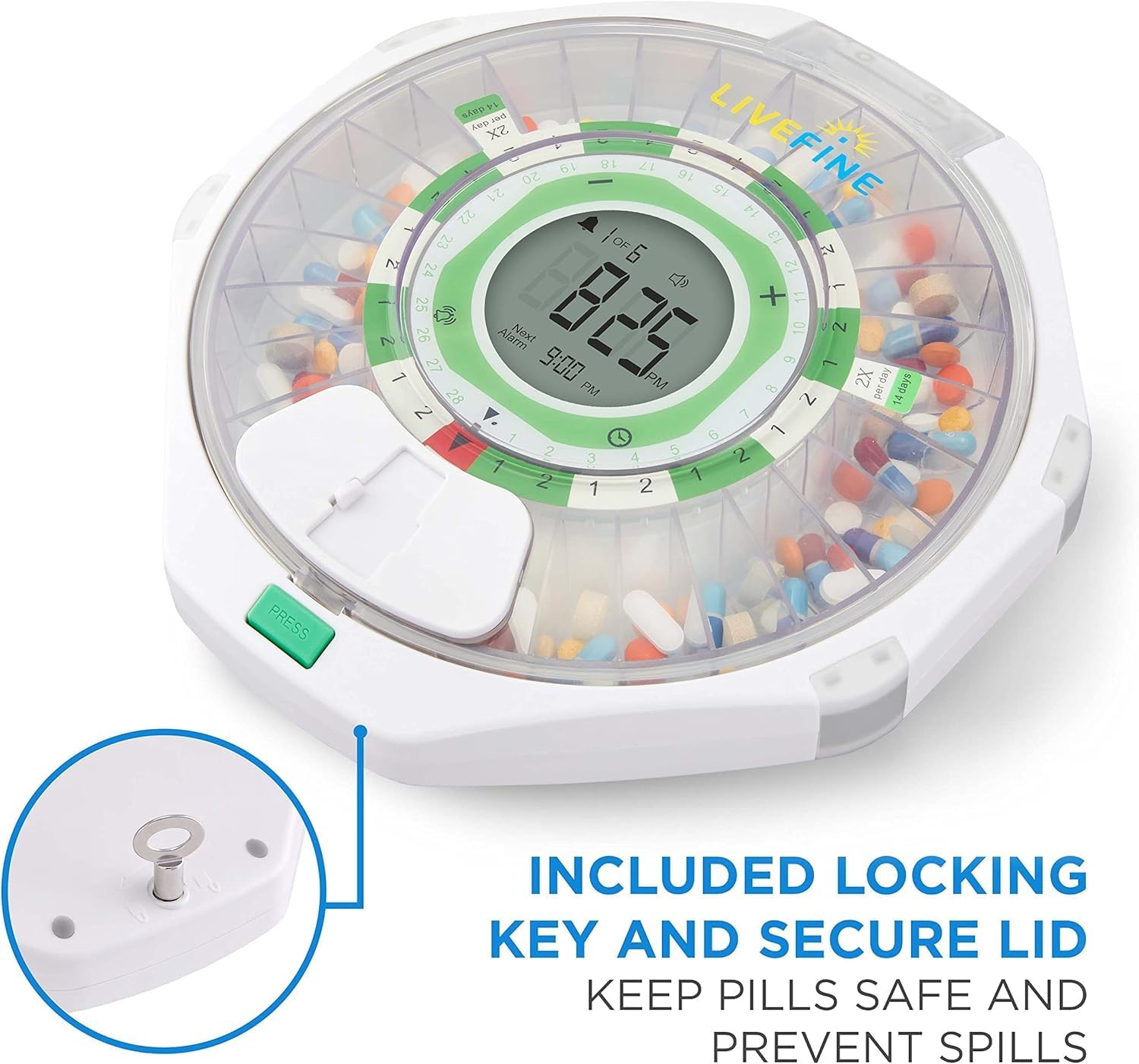 Live Fine 28-Day Automatic Pill Dispenser Clear Lid with Upgraded LCD Display and Key Lock, Sound & Light for Prescriptions, Medication, Vitamins, Supplements & More