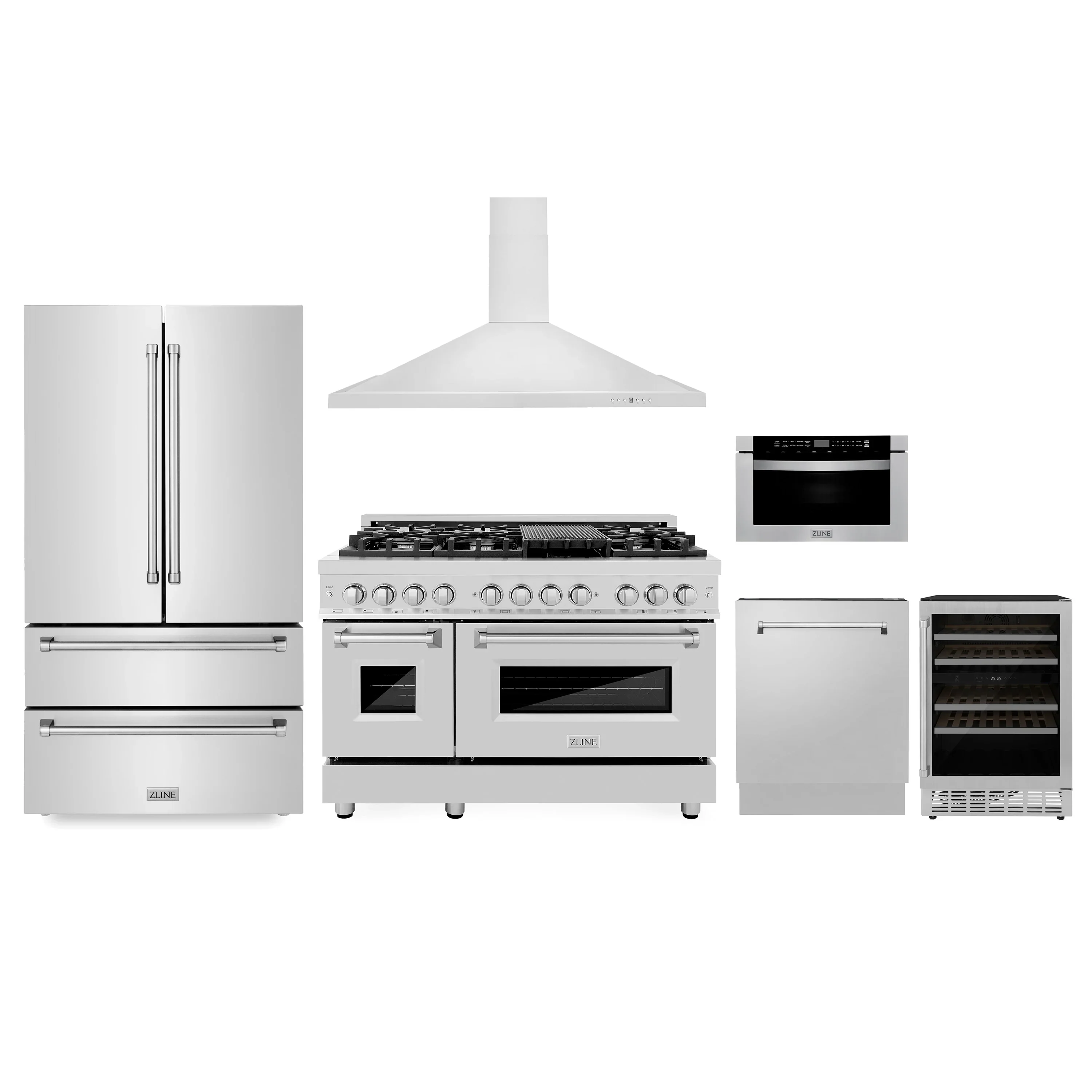 ZLINE Appliance Package - 48-Inch Dual Fuel Range, Refrigerator, Range Hood, Microwave Drawer, Tall Tub Dishwasher and Wine Cooler in Stainless Steel (6KPR-RARH48-MWDWV-RWV)