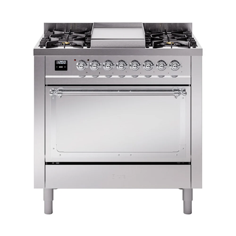 ILVE Nostalgie II Noblesse 36-Inch Dual Fuel Range and Solid Door Oven in Stainless Steel with Chrome Trim (UN36FQNMPSSC)