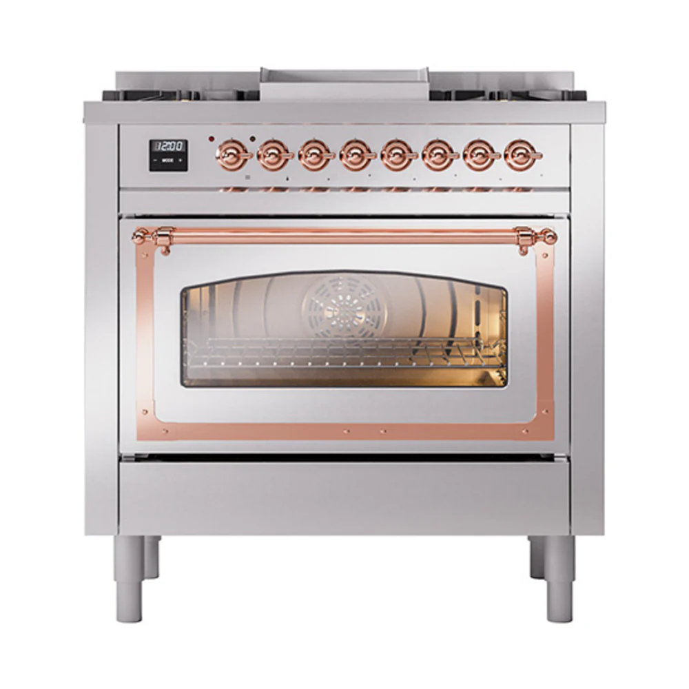 ILVE Nostalgie II Noblesse 36-Inch Dual Fuel Range and Triple Glass Door in Stainless Steel with Copper Trim (UN36FNMPSSP)