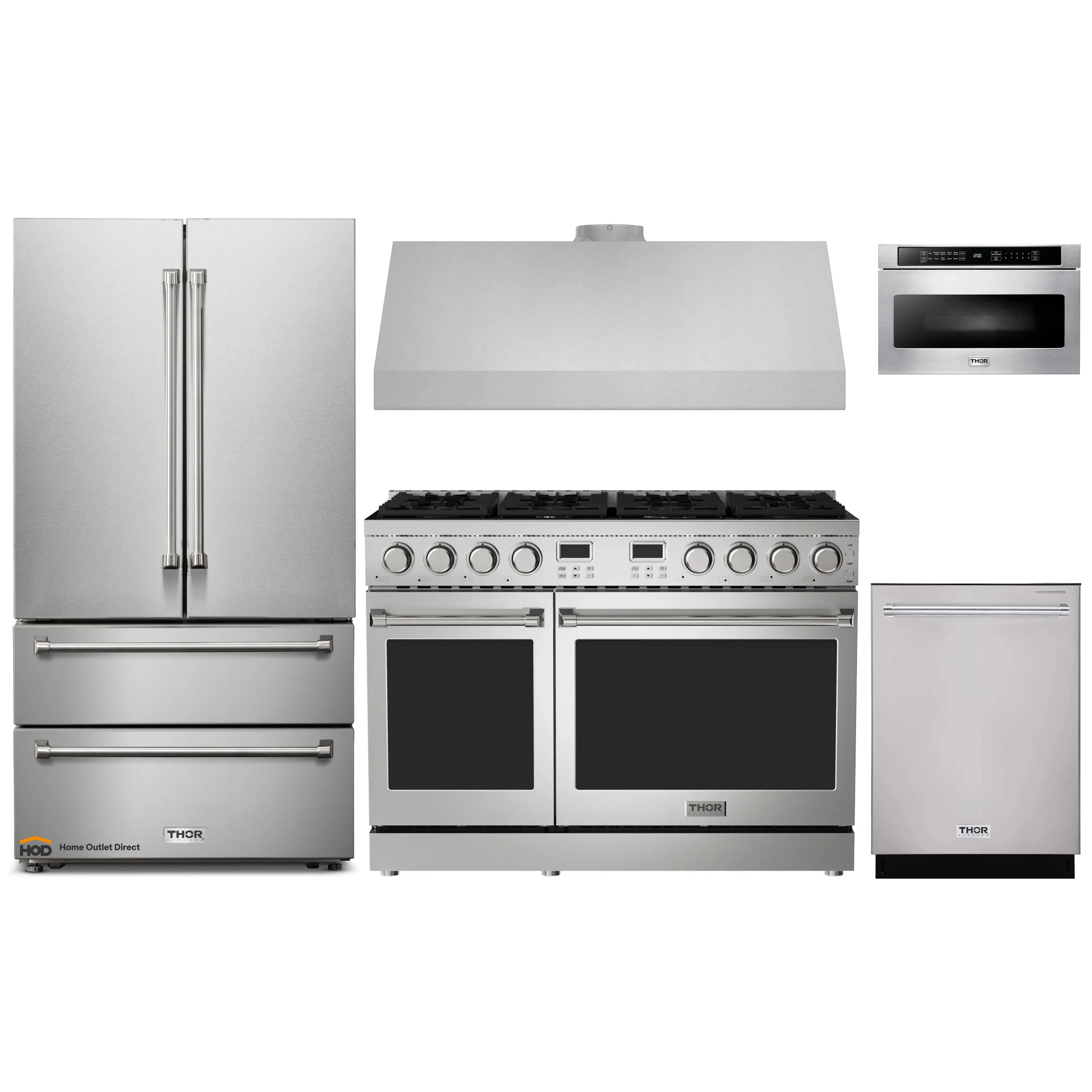 Thor Kitchen A-Series 5-Piece Appliance Package - 48-Inch Gas Range, Under Cabinet Range Hood, Refrigerator, Dishwasher, and Microwave in Stainless Steel