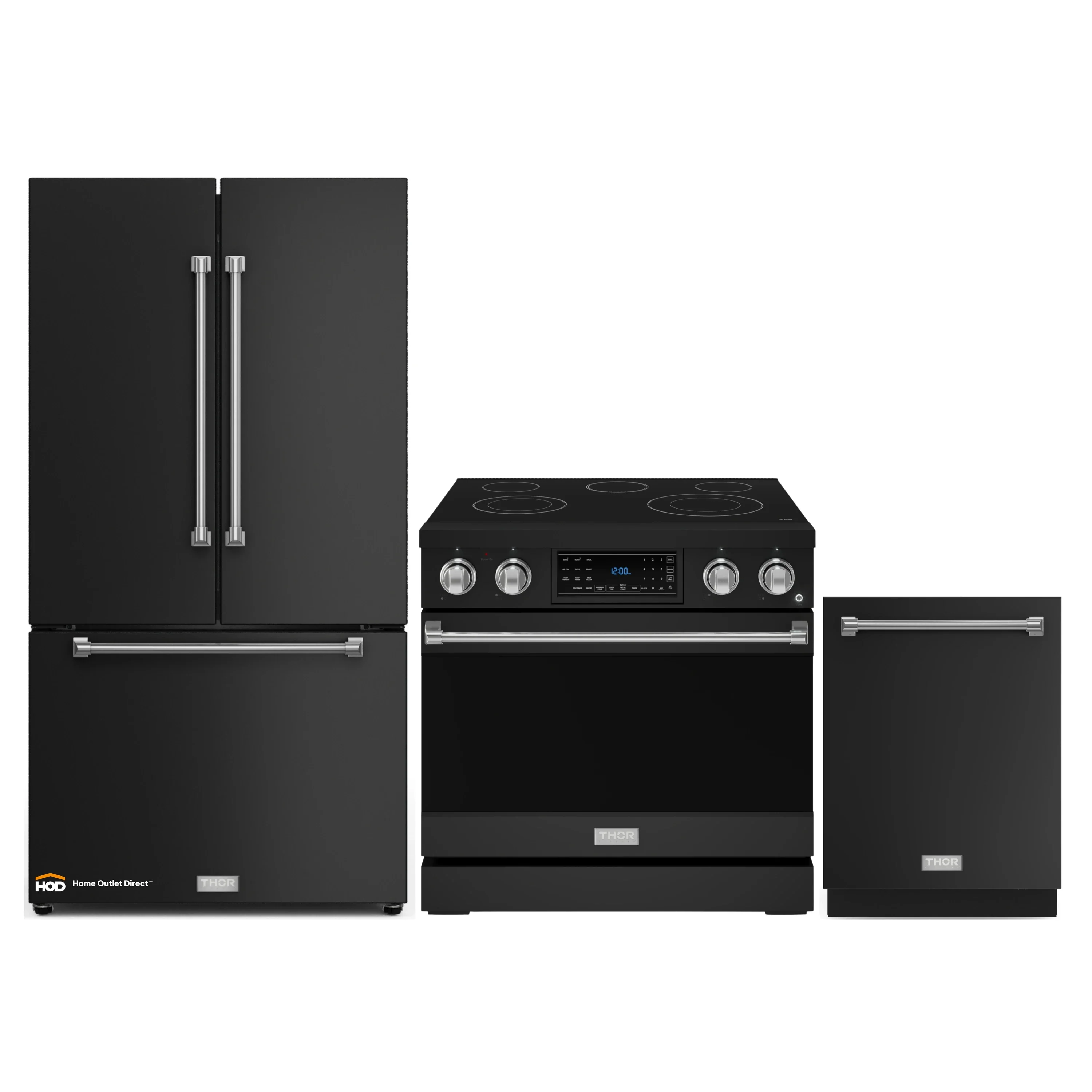 Gordon Ramsay by Thor Kitchen 3-Piece Appliance Package - 36-Inch Electric Range with Tilt Panel Touch Control, 36-Inch Refrigerator, and Dishwasher in Black with Stainless Steel Trim