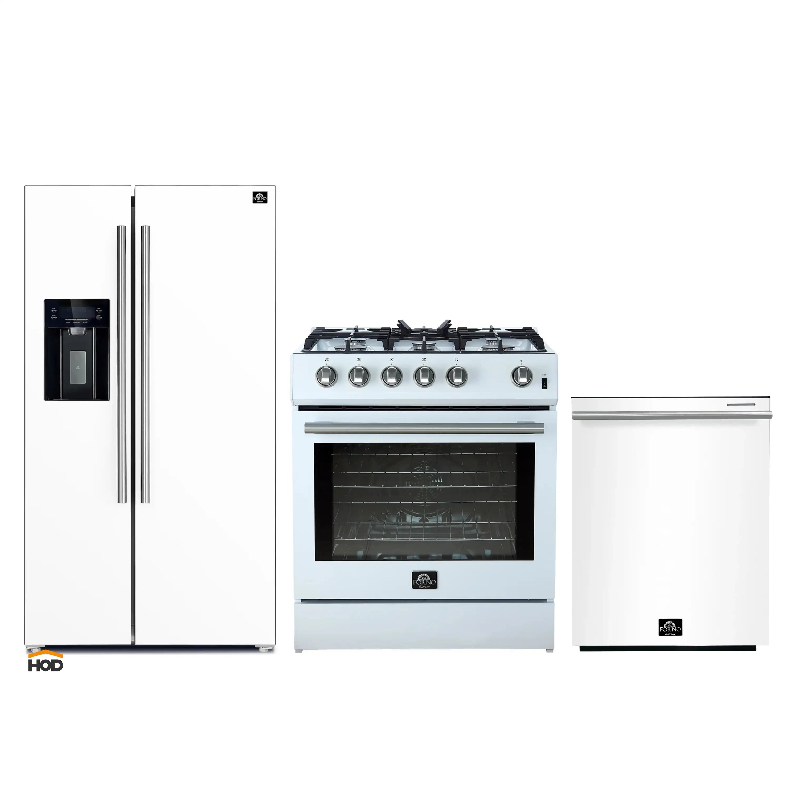 Forno 3-Piece Appliance Package - 30-Inch Gas Range, Refrigerator with Water Dispenser, and Dishwasher in White with Stainless Steel Trim