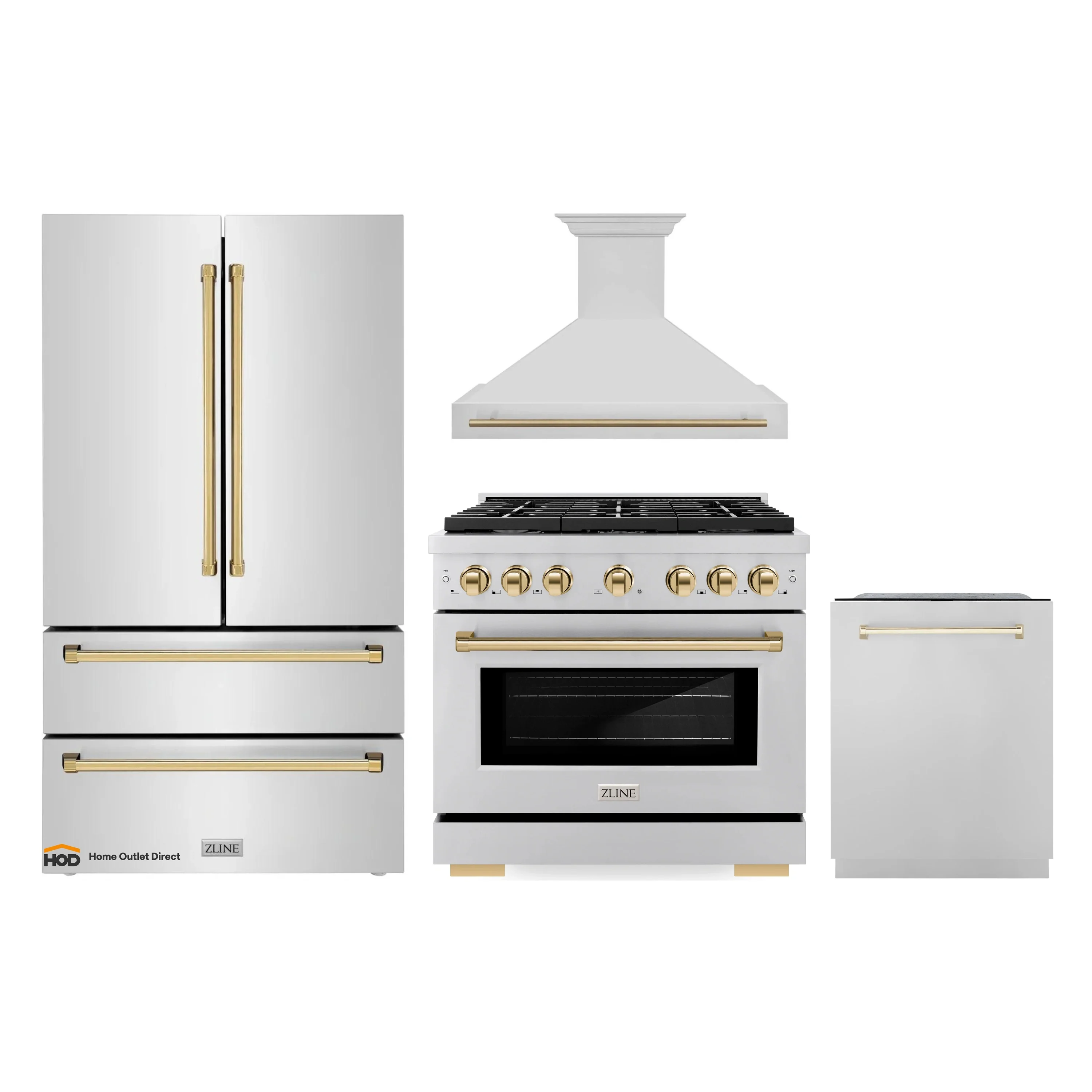 ZLINE Autograph Edition 4-Piece Appliance Package - 36-Inch Gas Range, Refrigerator, Wall Mounted Range Hood, & 24-Inch Tall Tub Dishwasher in Stainless Steel with Gold Trim (4KAPR-SGRRHDWM36-G)