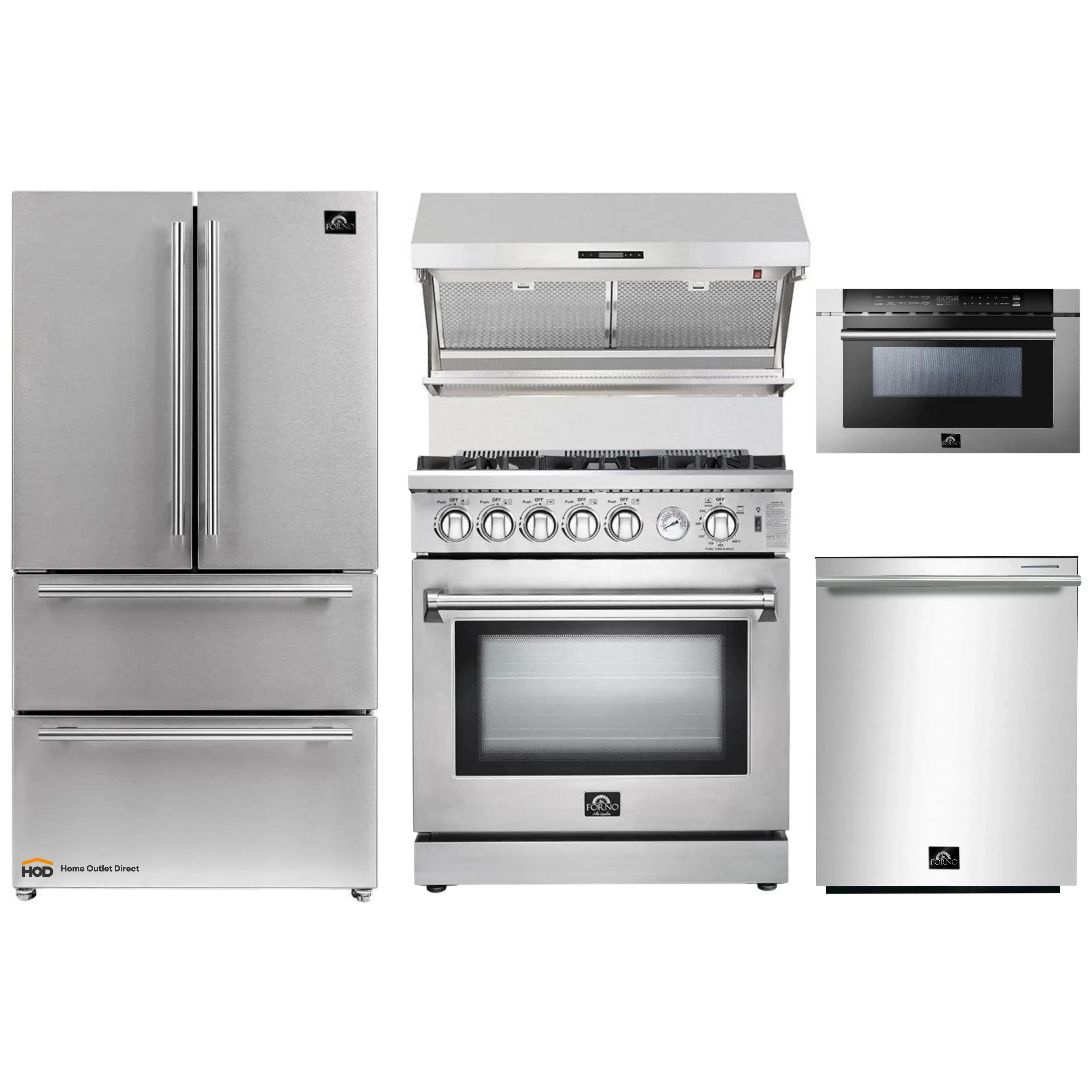 Forno 5-Piece Appliance Package - 30-Inch Gas Range, Refrigerator, Wall Mount Hood with Backsplash, Microwave Drawer, & 3-Rack Dishwasher in Stainless Steel