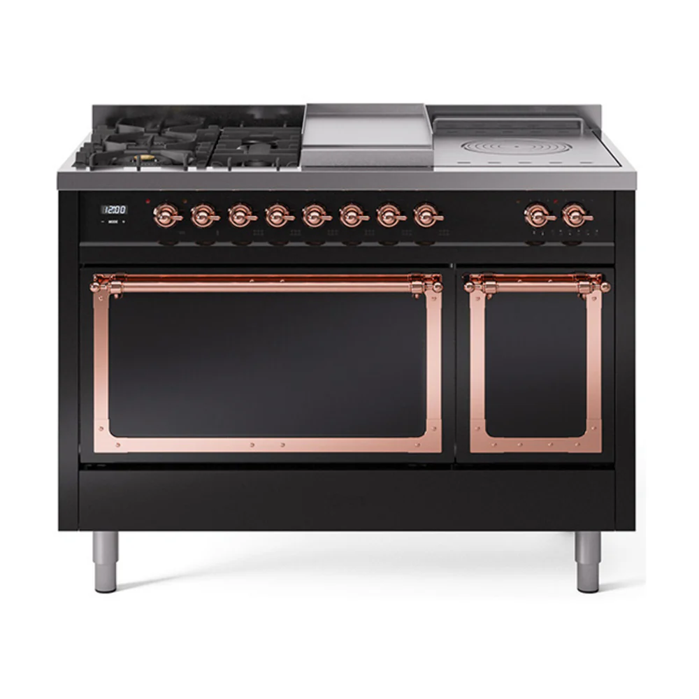ILVE 48-Inch Nostalgie II Noblesse Dual Fuel Range with 5 Sealed Burners, Griddle, French Top and Solid Door Oven in Glossy Black with Copper Trim (UN48FSQNMPBKP)