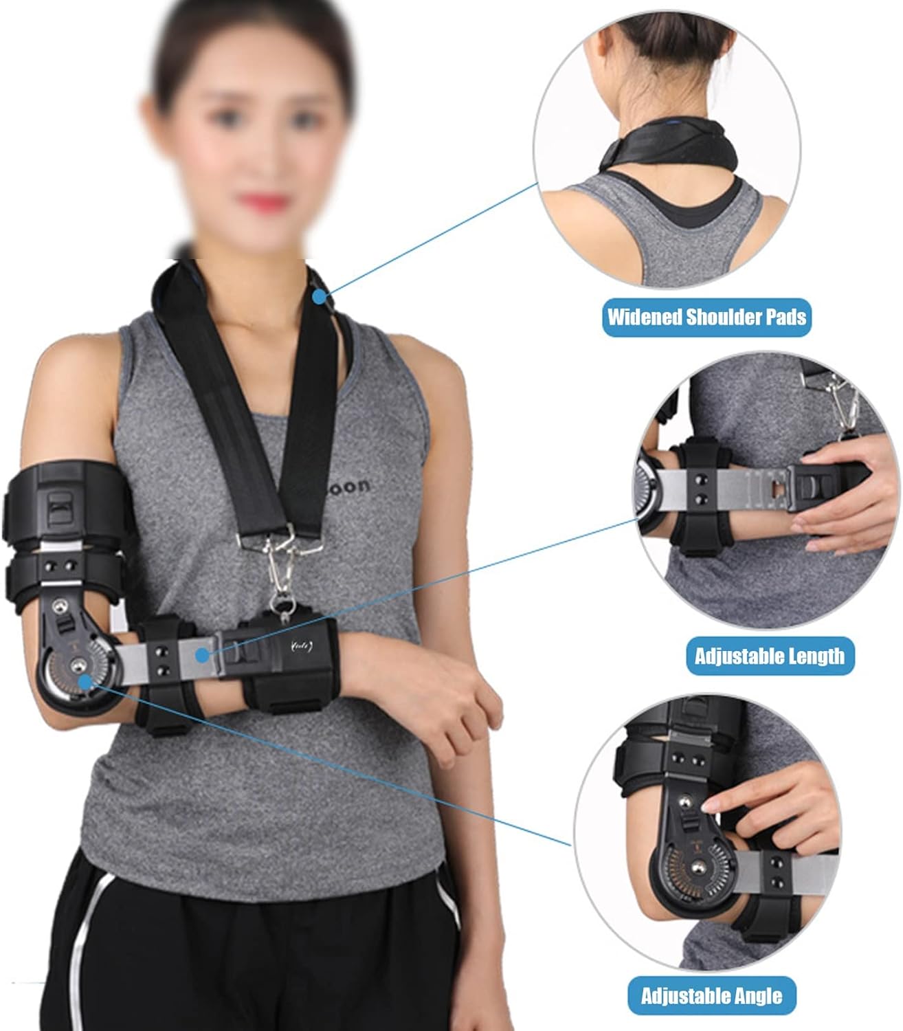 Adjustable Hinged Elbow Brace, Adjustable Post Op Elbow Brace with Strap for Support Post Op Injury Recovery for Left Right Arm (Color : Black, Size : Right Arm)