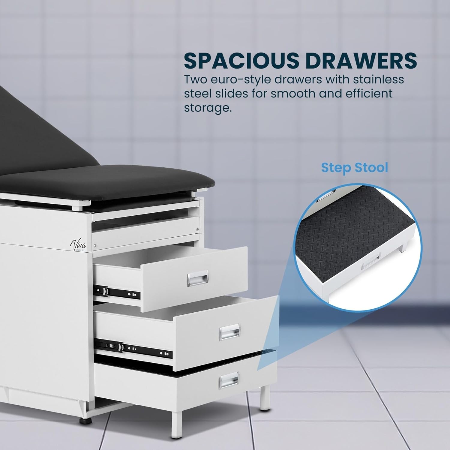 Grande Medical Exam Table, Adjustable Exam Bed with Step Stool, Storage Cabinets, and Foot Rest, Dimensions: 47.64” L x 26.77” W x 29.13” H, Black, NO Stirrups