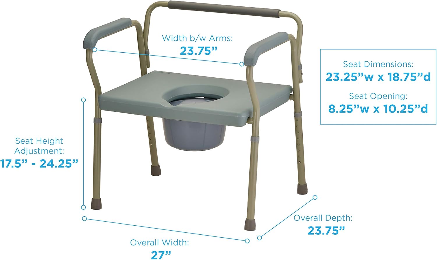 NOVA Heavy Duty Bedside Commode, Extra Wide Seat, 500 lb. Weight Capacity, Seat Height Adjustable, Stand Alone or Over Toilet Bariatric Commode, Grey