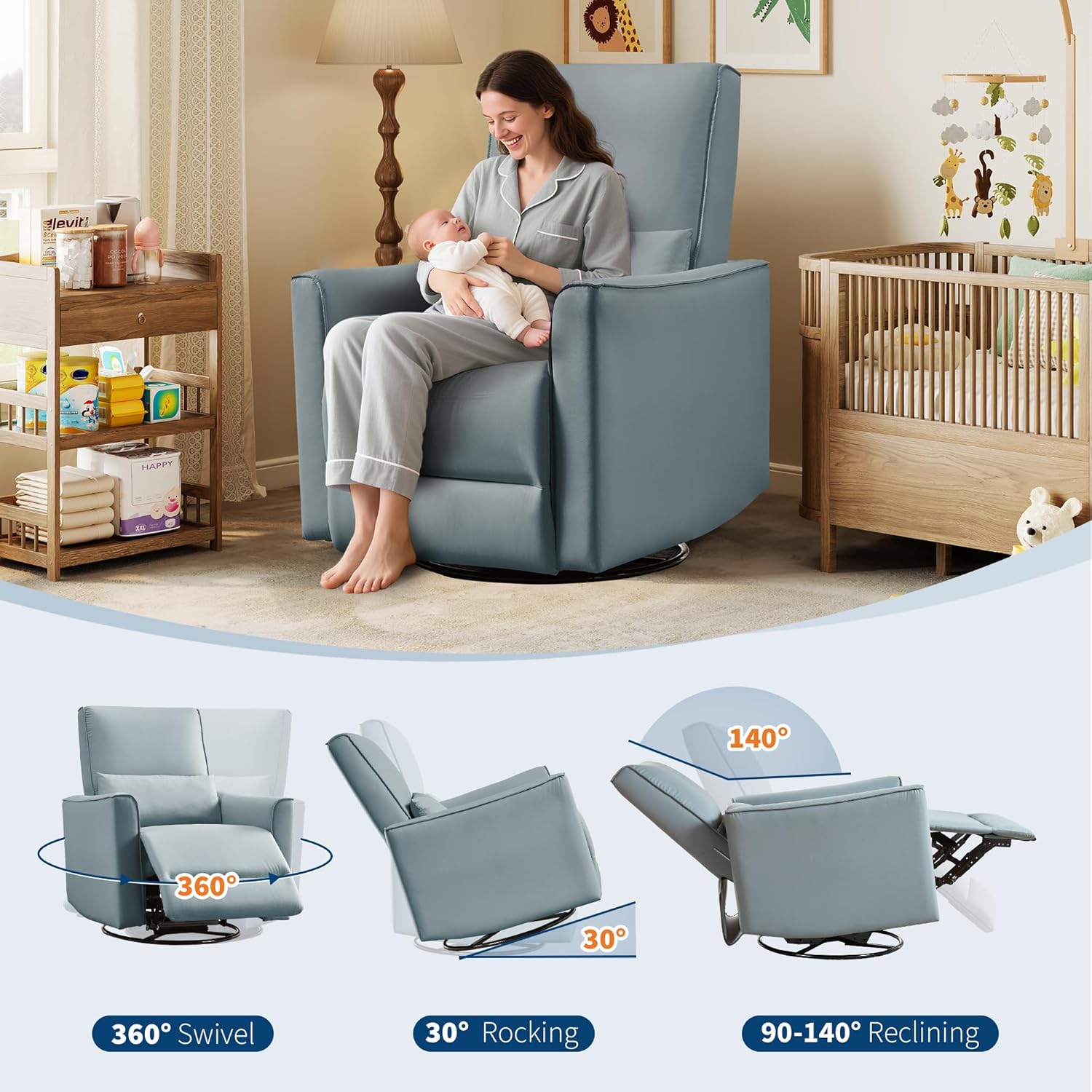 Swivel Rocking Recliner Chair, Manual Recliner with Lumbar Support & Padded Armrest, Comfortable Nursery Rocking Chair and Glider for Living Room, Bedroom (Gray)