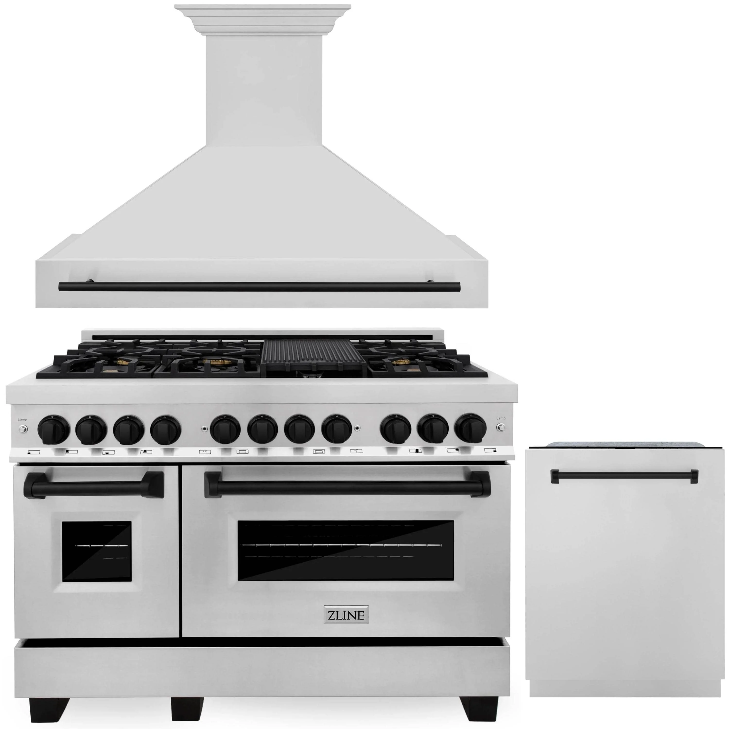 ZLINE Autograph Edition 3-Piece Appliance Package - 48-Inch Gas Range, Wall Mounted Range Hood, & 24-Inch Tall Tub Dishwasher in Stainless Steel with Matte Black Trim (3AKPR-SGRRH48-MB)