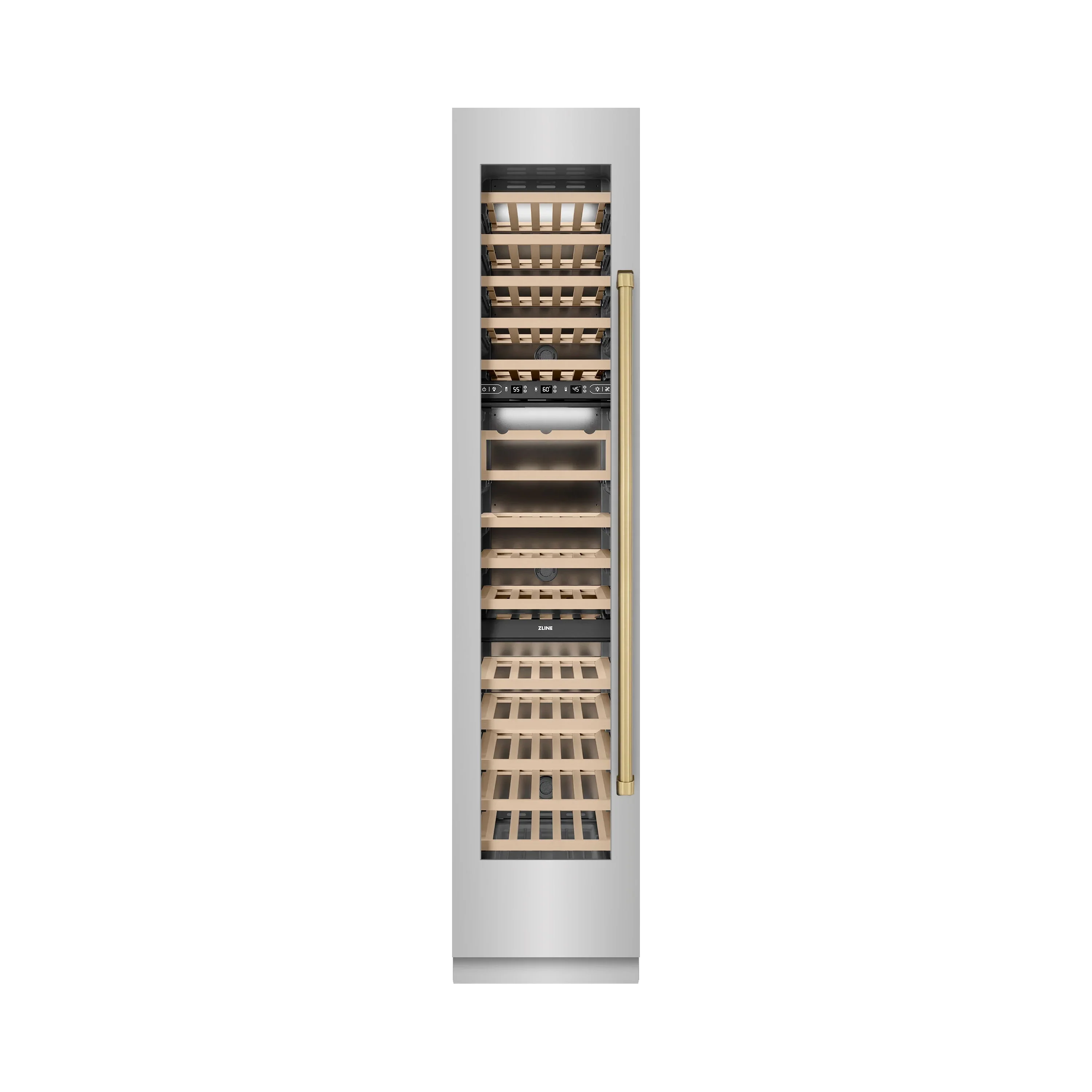 ZLINE Autograph Edition 18-Inch 9.0 Cu. Ft. Triple Zone 68 Bottle Left Hinge Column Wine Cooler in Stainless Steel with Champagne Bronze Accents (RCWVLZ-30418-CB)