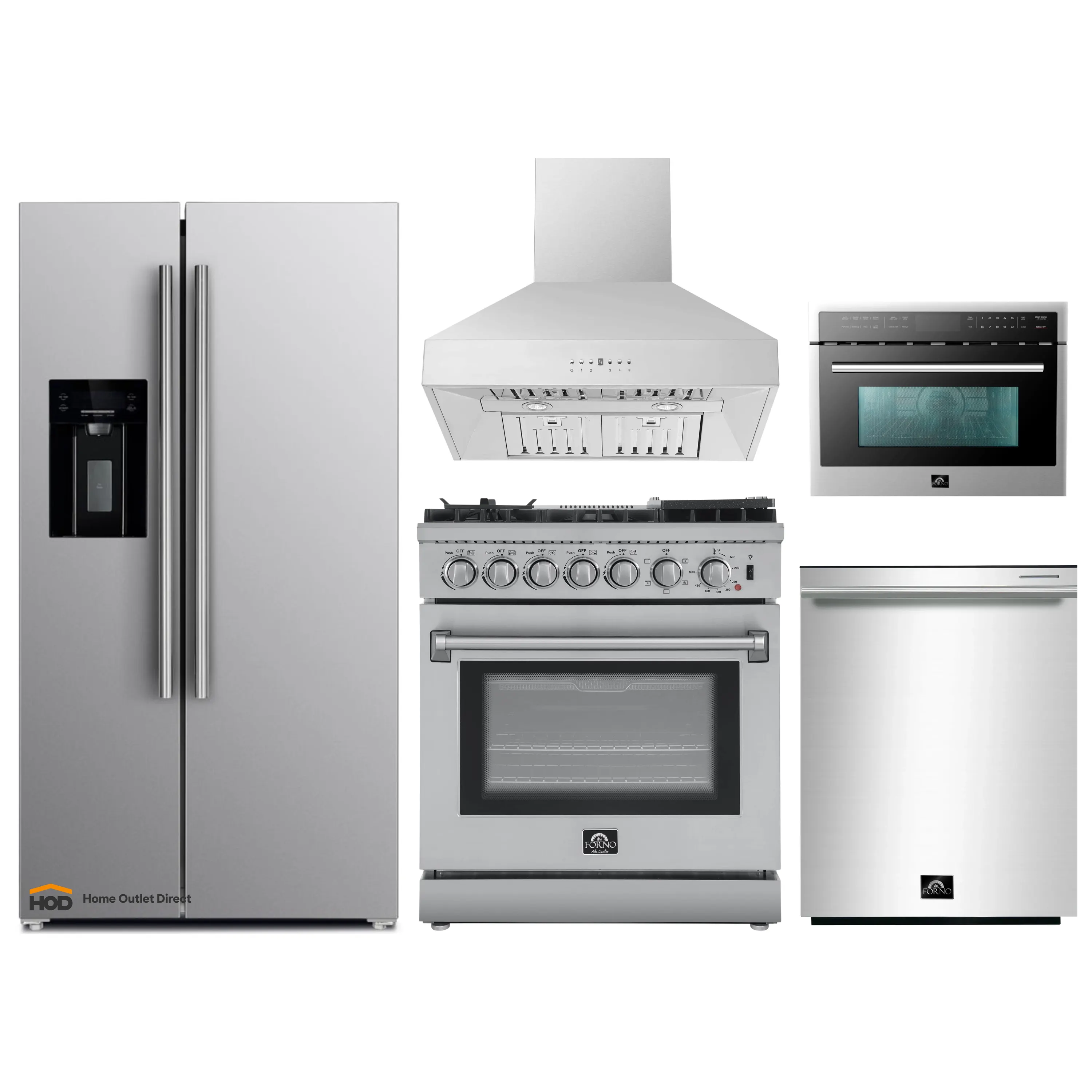 Forno 5-Piece Appliance Package - 30-Inch Dual Fuel Range with Air Fryer, Refrigerator with Water Dispenser, Wall Mount Hood, 24-Inch Microwave Oven, & 3-Rack Dishwasher in Stainless Steel