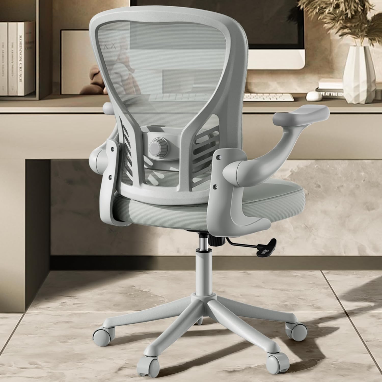 Computer Desk Chair with Wheels, Mesh Office Chair with Flip Up Arms, Adjustable Lumbar Support, Swivel Desk Chair Comfy, All Grey