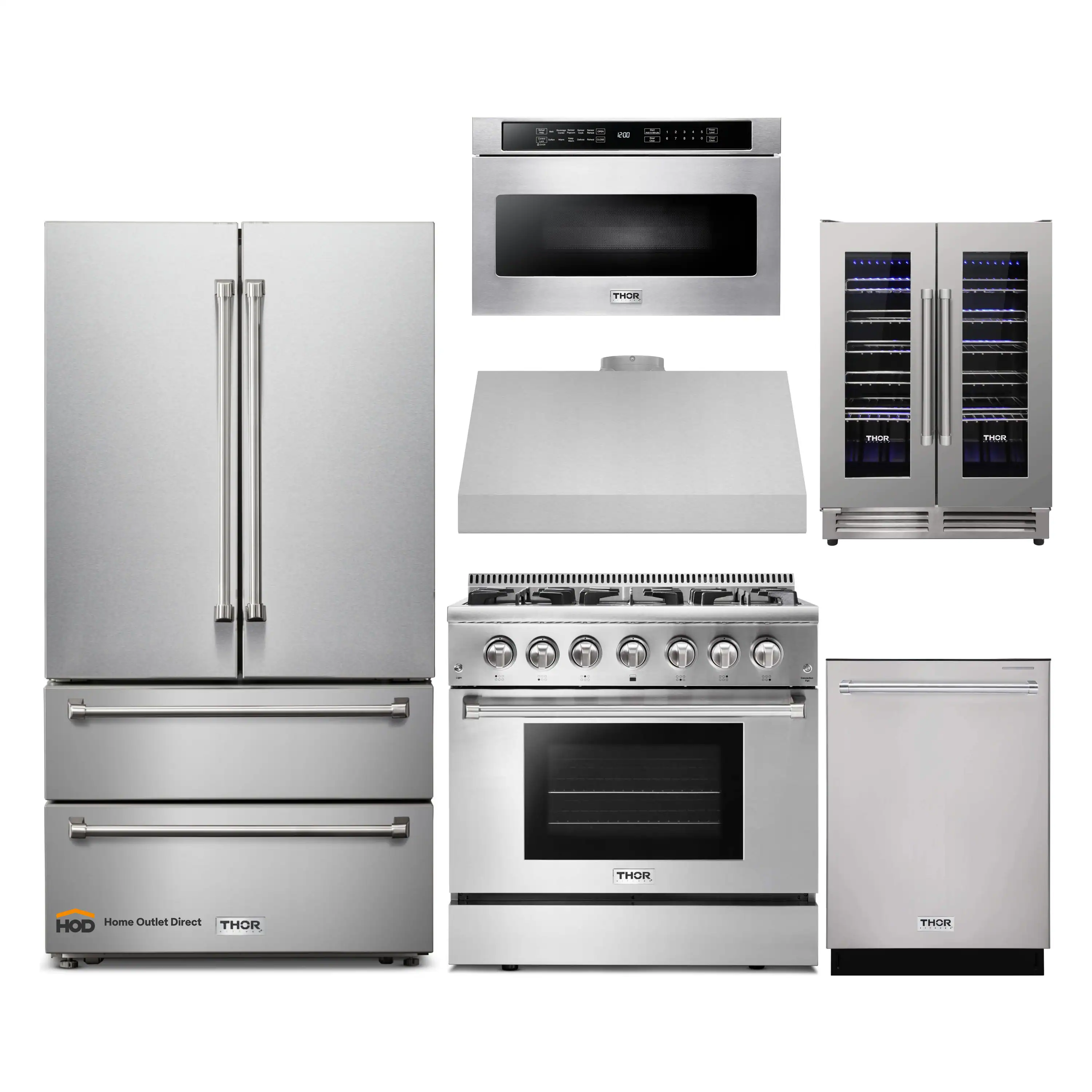 Thor Kitchen 6-Piece Pro Appliance Package - 36-Inch Dual Fuel Range, French Door Refrigerator, Under Cabinet Hood, Dishwasher, Microwave Drawer, and Wine Cooler in Stainless Steel