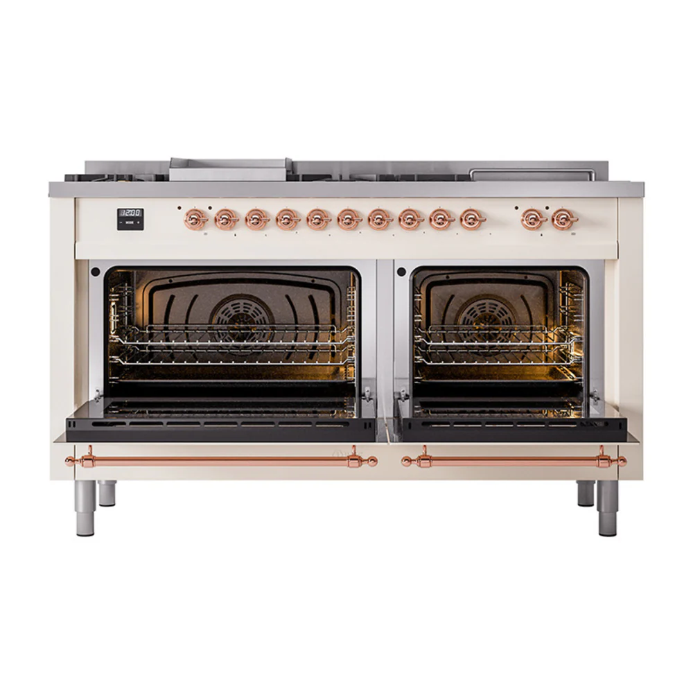 ILVE Nostalgie II 60-Inch Dual Fuel Range with 7 Burners, Griddle, & French Top with Solid Door Oven in Antique White with Copper Trim (UP60FSQNMPAWP)
