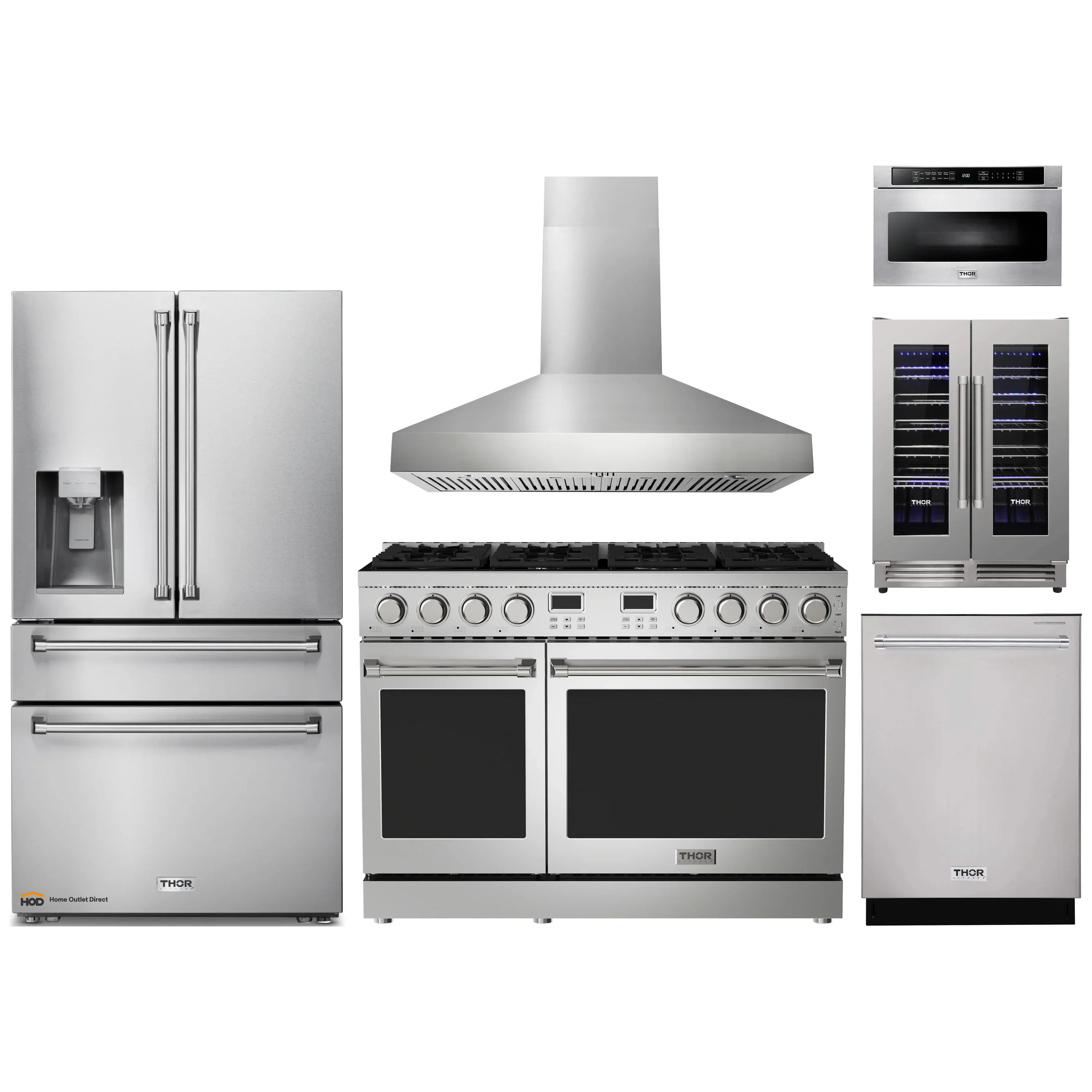 Thor Kitchen A-Series 6-Piece Appliance Package - 48-Inch Gas Range, Pro-Style Wall Mount Range Hood, Refrigerator with Water Dispenser, Dishwasher, Microwave, and Wine Cooler in Stainless Steel
