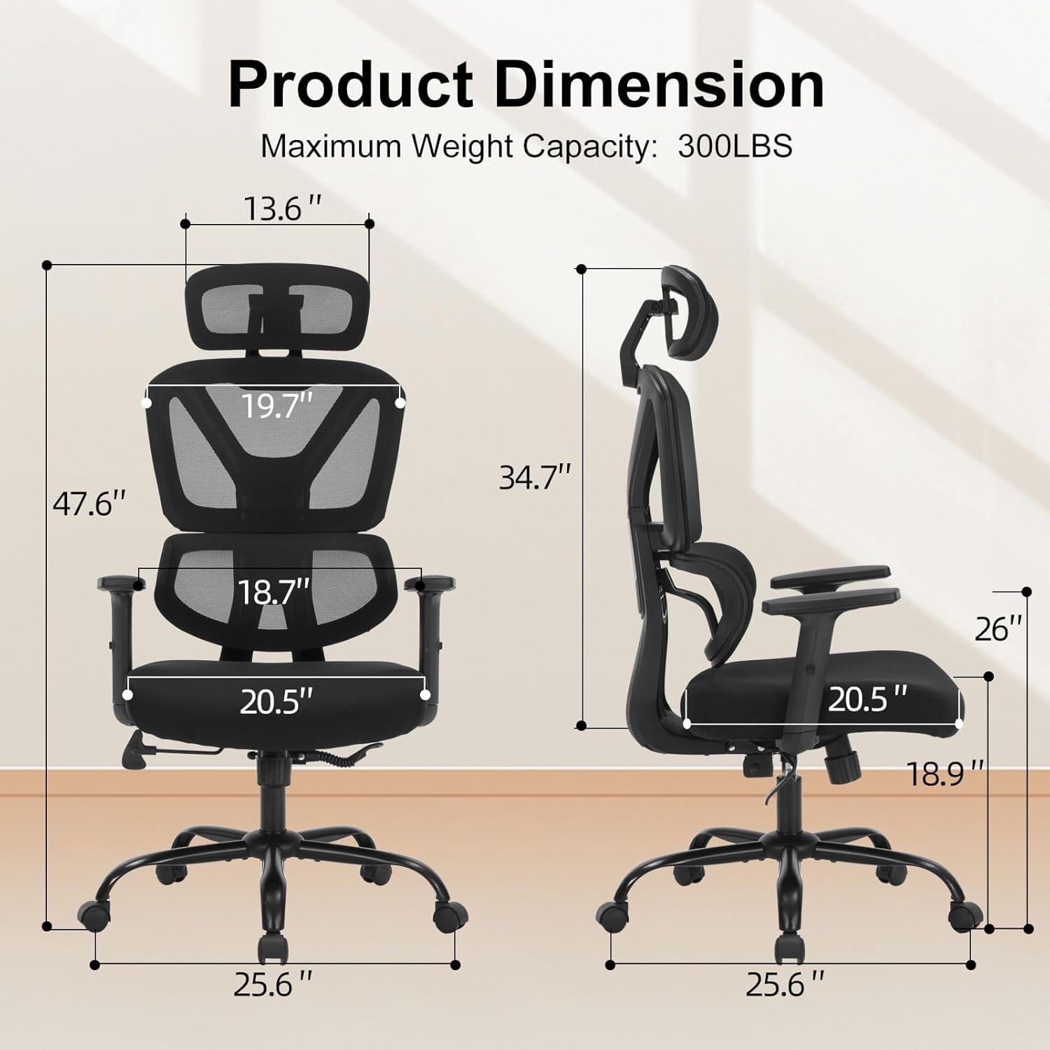 Ergonomic Office Chair, Ergonomic Desk Chair with Adjustable Height, Lumbar Support, High Back Mesh Home Computer Chair with Adjustable Armrests, Task Chairs for Home Office - 350lb Executive Chairs