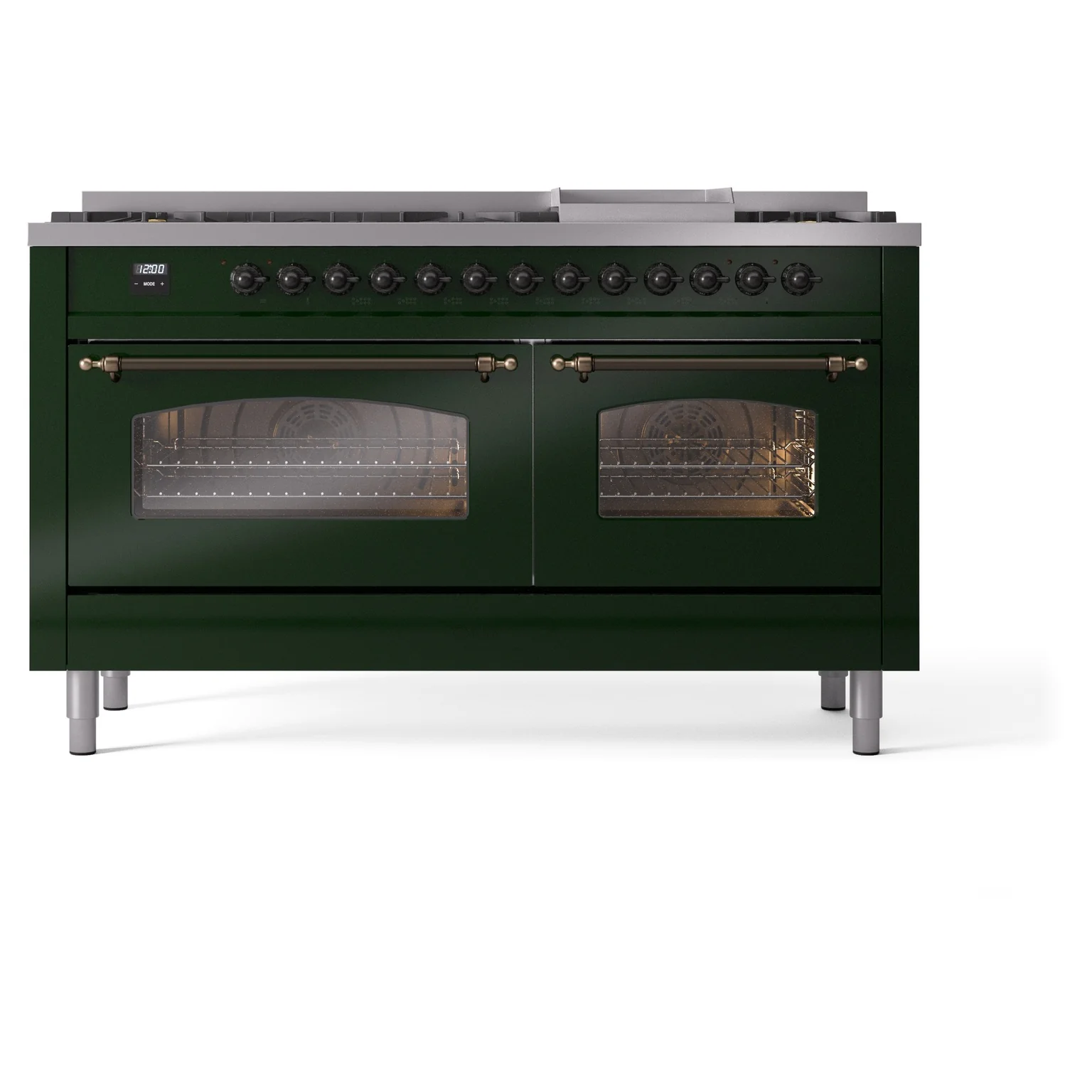 ILVE 60-Inch Nostalgie II Dual Fuel Range with 9 Burners, Griddle and Triple Glass Door Oven in Emerald Green with Bronze Trim (UP60FNMPEGB)