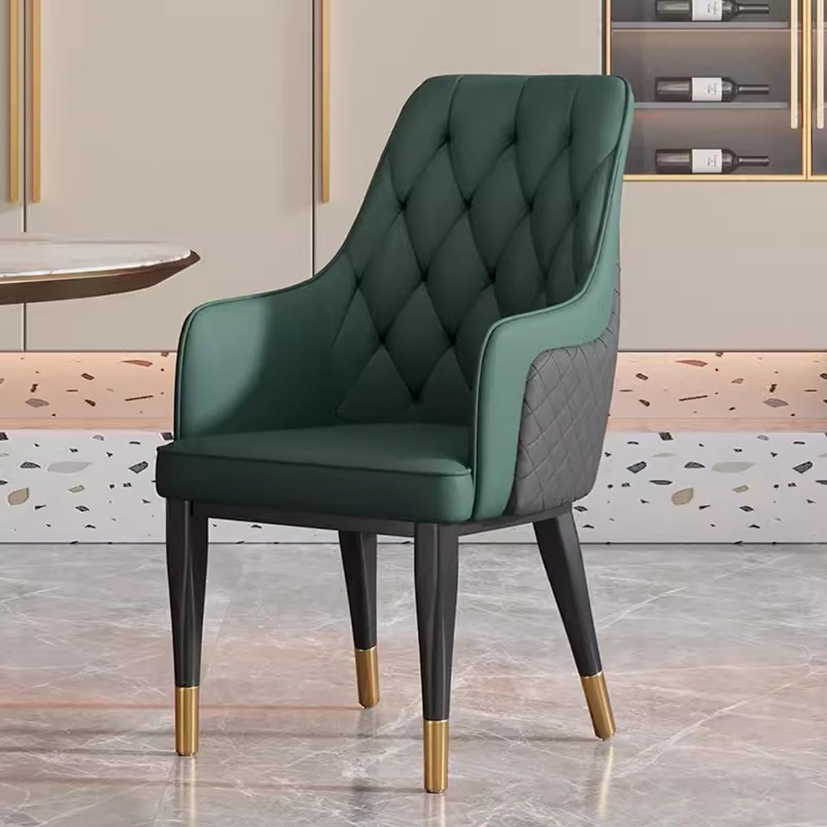 Mid Century Modern PU Leather Dining Chairs with Nailhead Grey Color High Back Support Armrest Relax Lounge Side Chair Kitchen & Dining Room Furniture (Dark Green