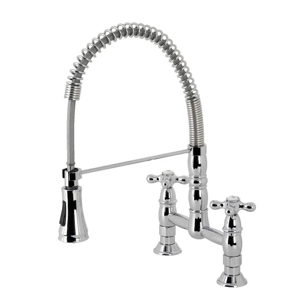 Kingston Brass Gourmetier Heritage Double-Handle Deck-Mount Pre-Rinse Bridge Kitchen Faucet, Polished Chrome (GS1271AX)