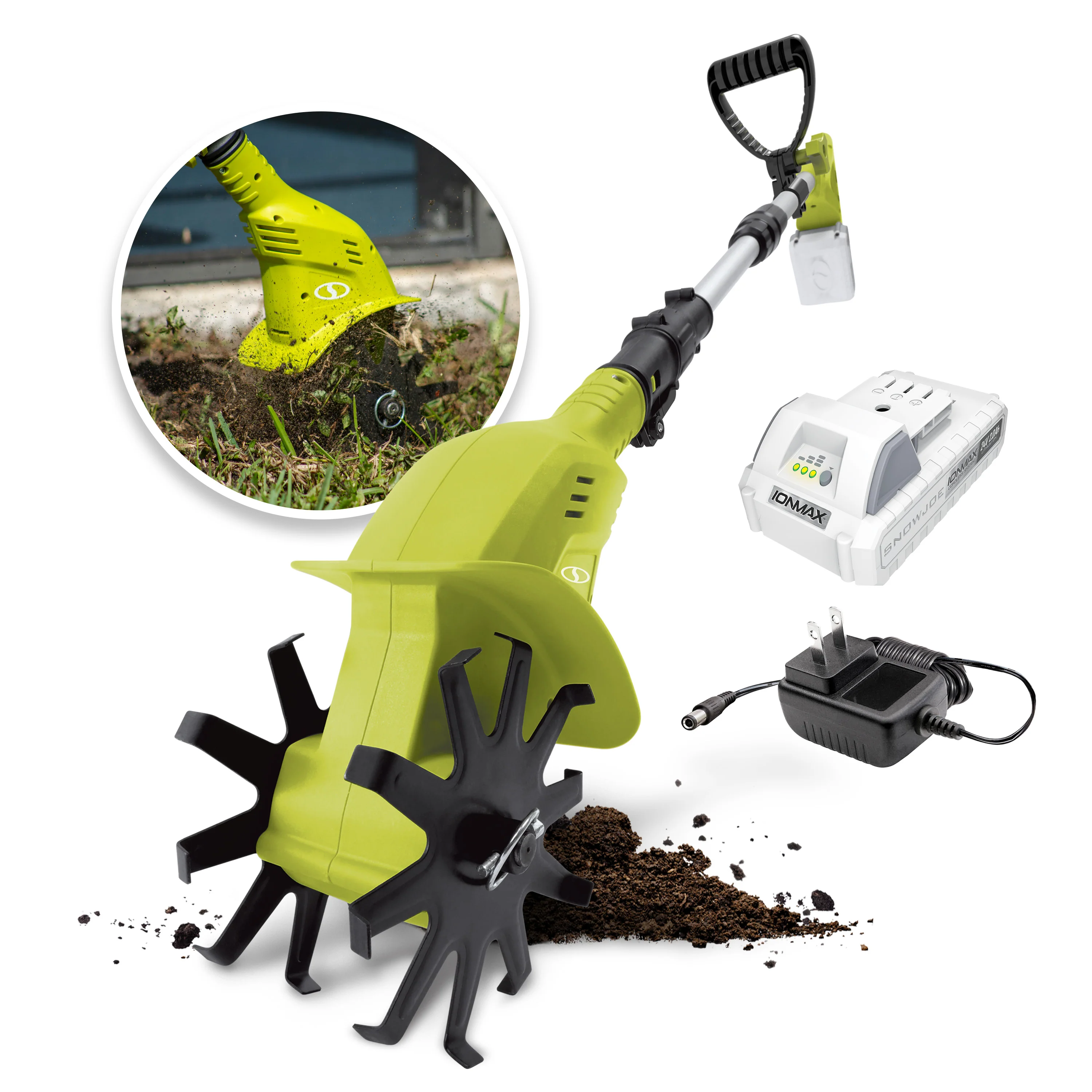 Sun Joe 24V-TLR-LTE-GRN 24-Volt* IONMAX Cordless Garden Tiller + Cultivator Kit | W/ 2.0-Ah Battery + Charger (Green)