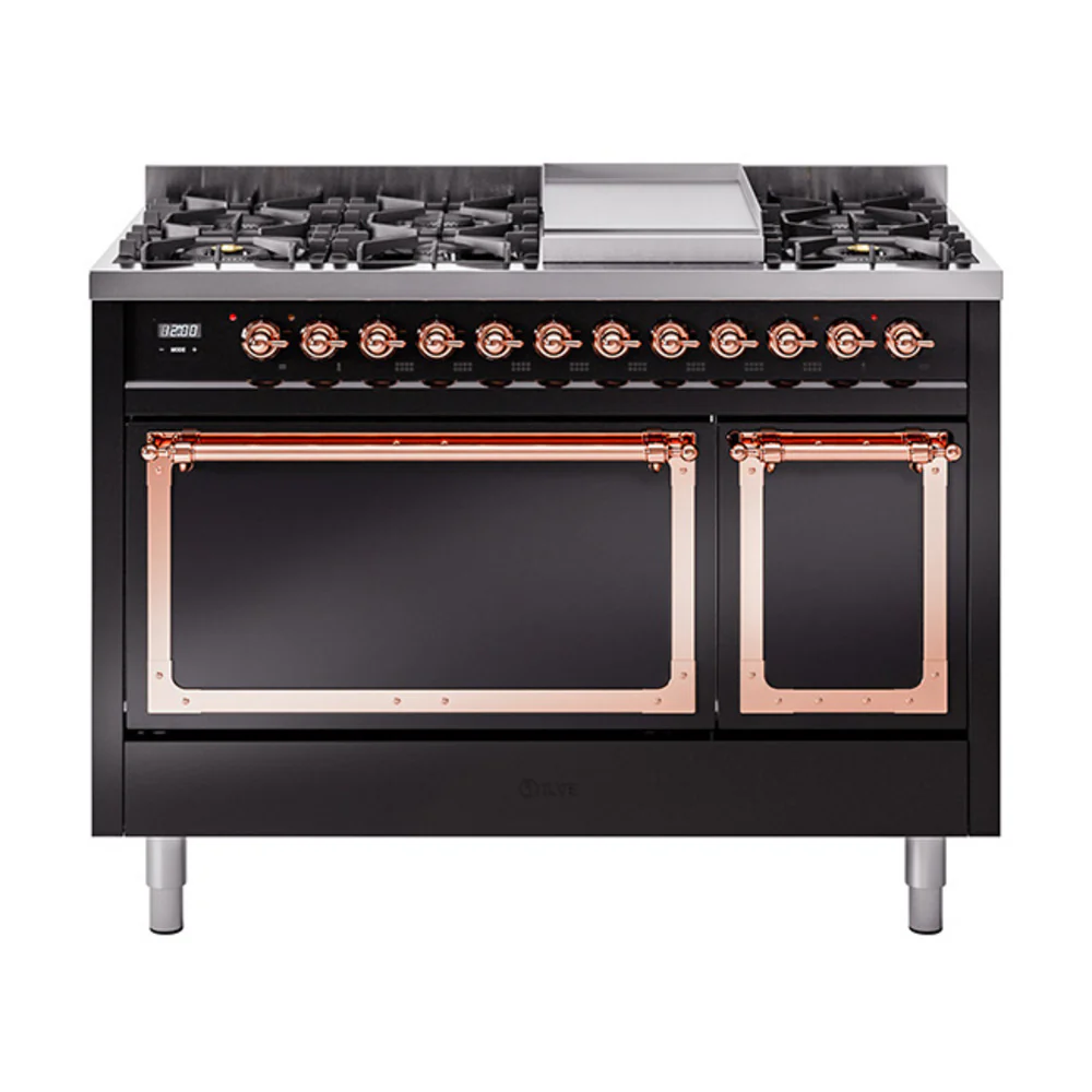 ILVE Nostalgie II Noblesse 48-Inch Dual Fuel Freestanding Range with Solid Door Oven in Glossy Black with Copper Trim (UN48FQNMPBKP)