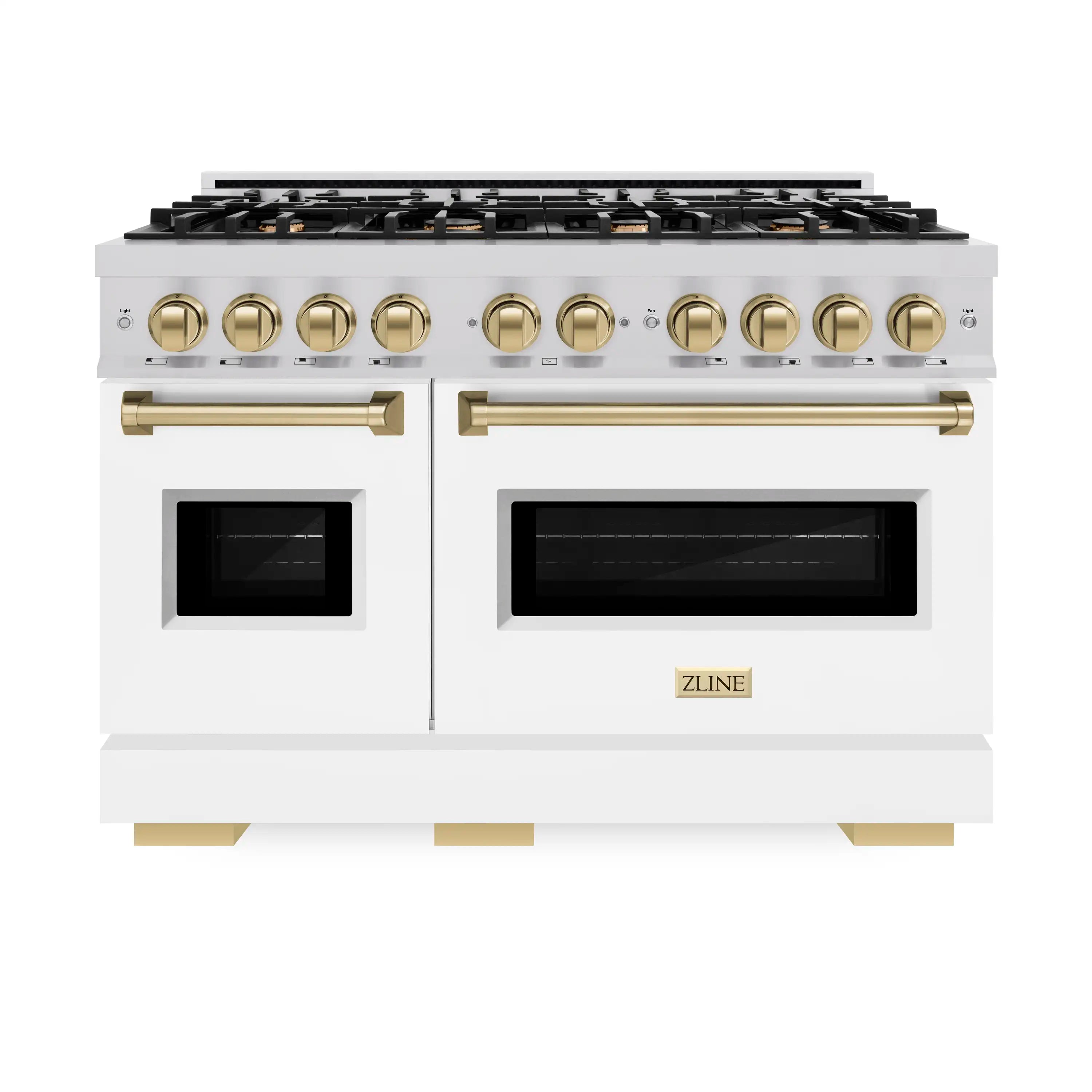ZLINE Autograph Edition 48-Inch Classic Series Gas Range with 8 Gas Burner Cooktop and 6.7 Cu. Ft. Gas Convection Oven  in Stainless Steel with White Matte Doors and Champagne Bronze Accents (CGRZ-WM-48-CB)