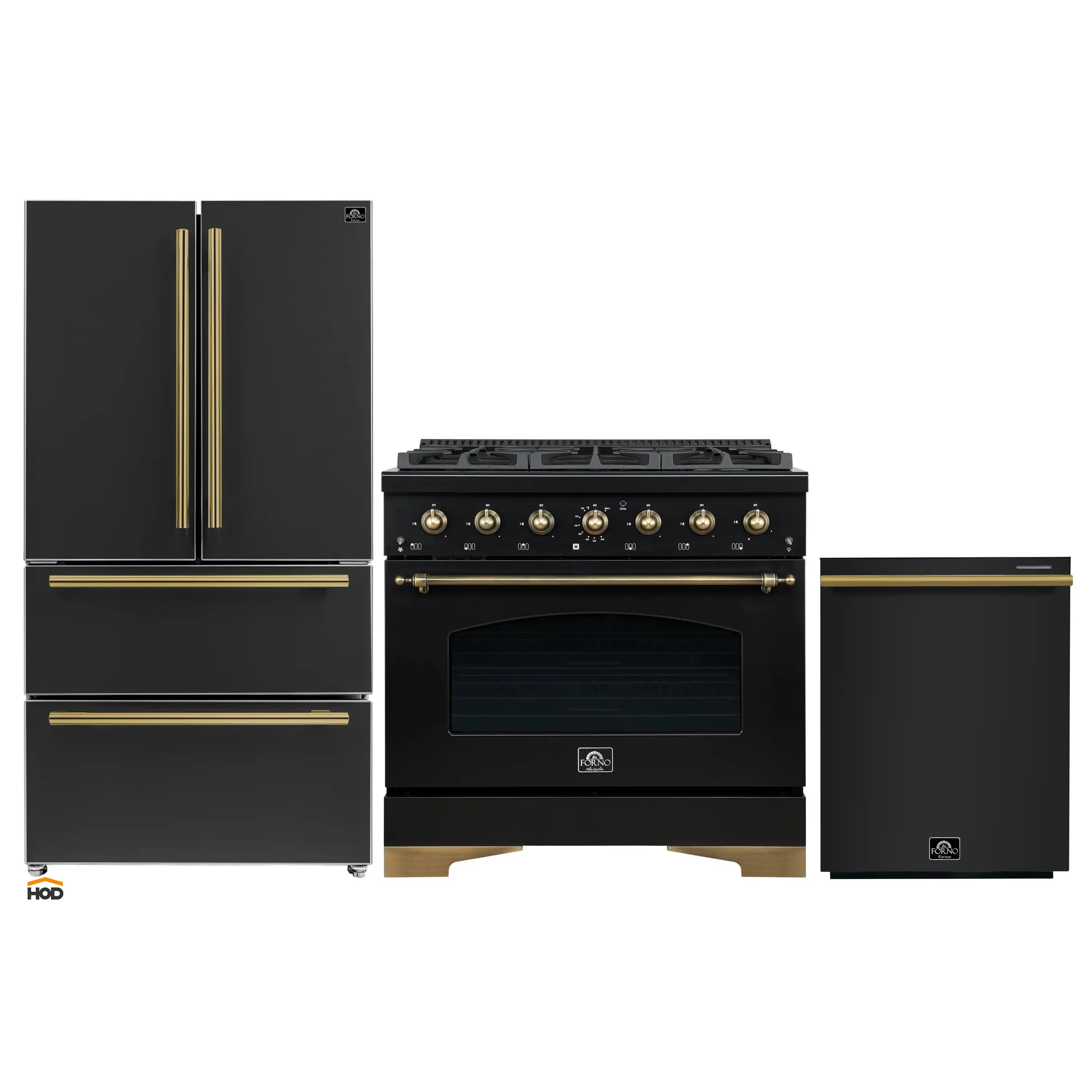 Forno Antico 3-Piece Appliance Package - 36-Inch Dual Fuel Range, 36-Inch Refrigerator, & 24-Inch Dishwasher in Black with Antique Brass Trim