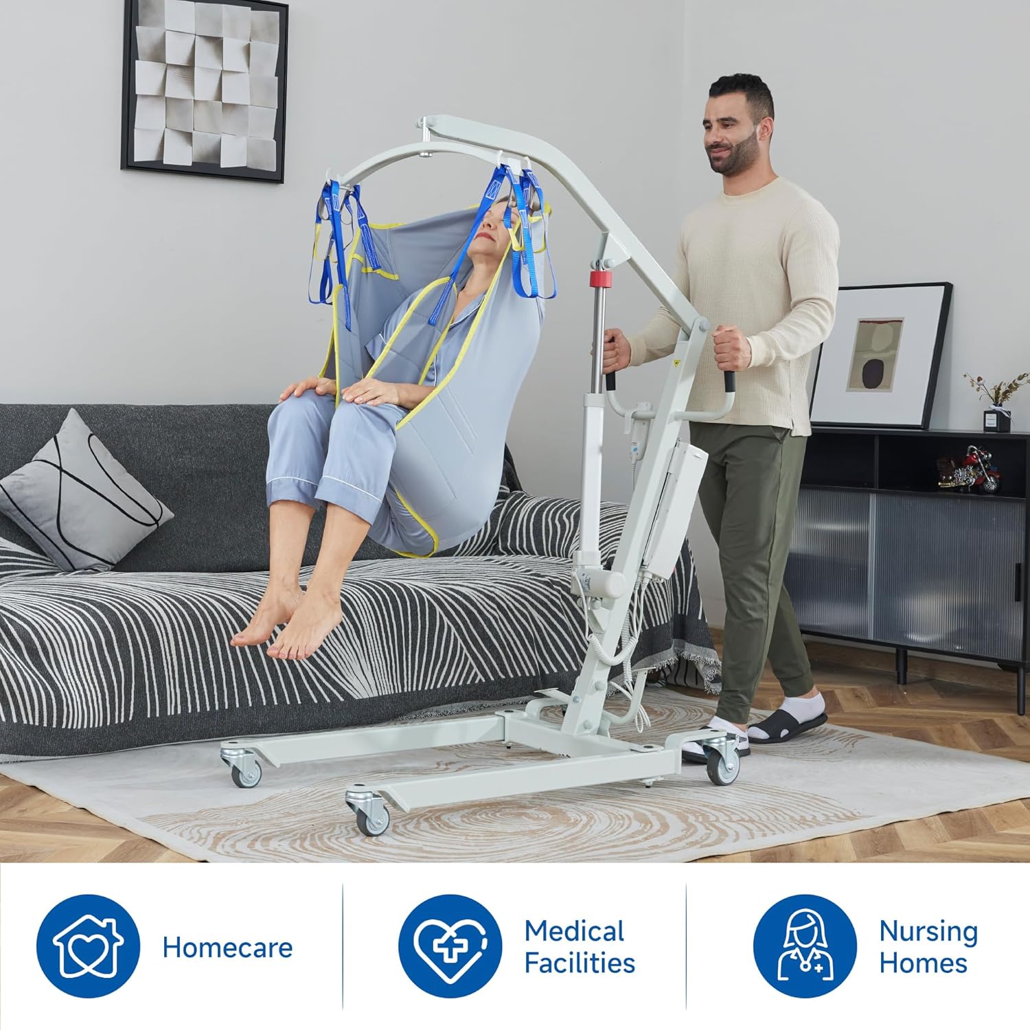 Electric Patient Lift, High-Capacity Rechargeable Battery, Low Base, 400 lb Weight Capacity with Adjustable Base and Sling, with Manual Lowering Device, Easy-Assembly, Battery-Powered.