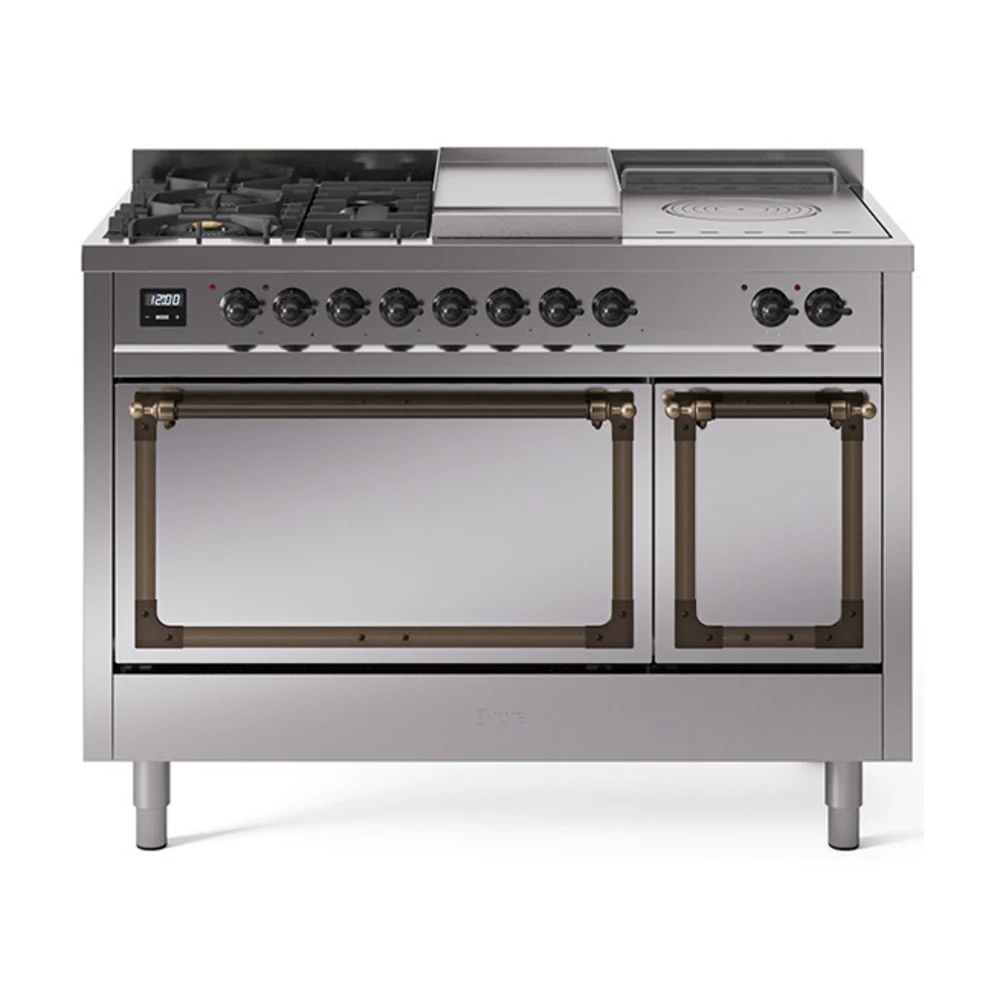 ILVE 48-Inch Nostalgie II Noblesse Dual Fuel Range with 5 Sealed Burners, Griddle, French Top and Solid Door Oven in Stainless Steel with Bronze Trim (UN48FSQNMPSSB)