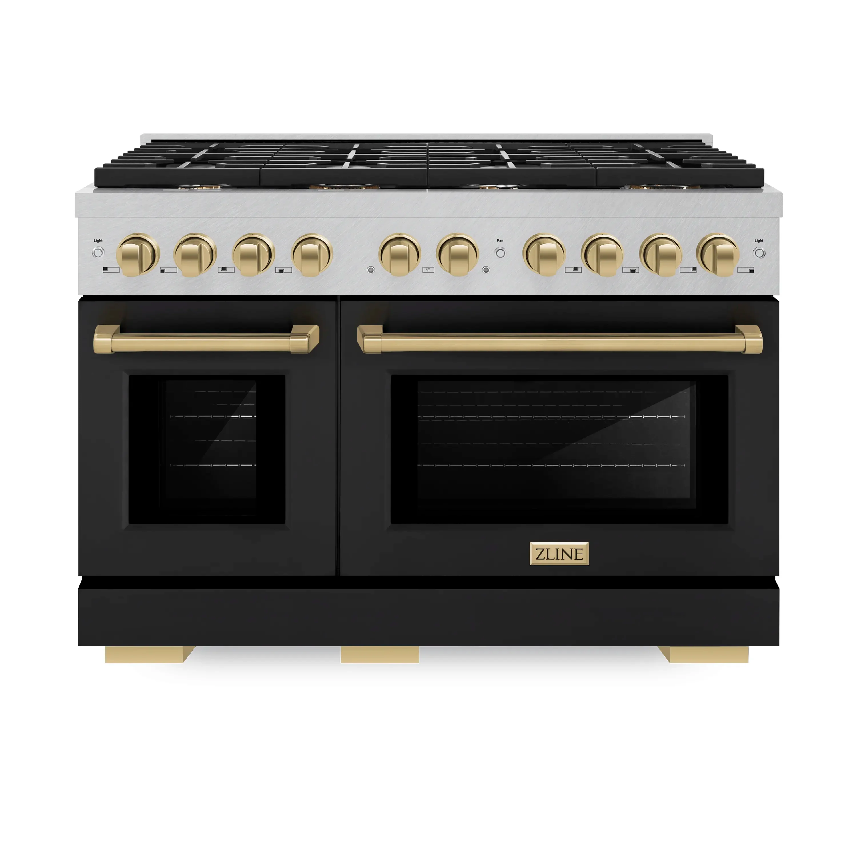 ZLINE Autograph Edition 48-Inch 6.7 cu. ft. Paramount Double Oven Dual Fuel Range with 8 Burner Gas Cooktop in Satin Stainless Steel with Black Matte Door and Champagne Bronze Accents (SDRSZ-BLM-48-CB)