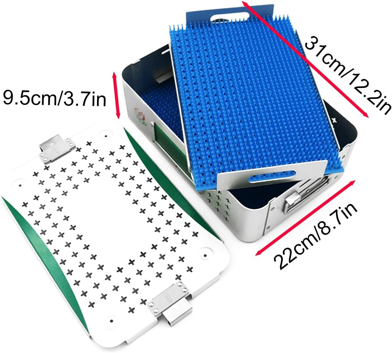 Aluminum Alloy Surgical Instrument Sterilization Box, With Silicone Pad, Laboratory Storage Box, High Temperature And High Pressure Resistance, Small Metal Tray(12.2in*8.7in*3.7in Double tier)