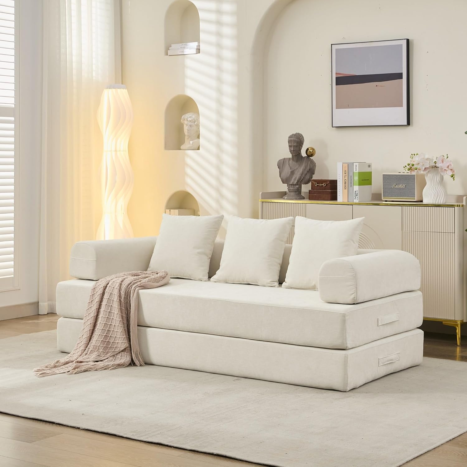 Floor Sofa Bed, Sleeper Chair with Armrest and Pillows, Convertible Folding Mattress Couch with Spring Pack Support, Lounge Couch for Living Room Bedroom Lounge Studio (Beige)