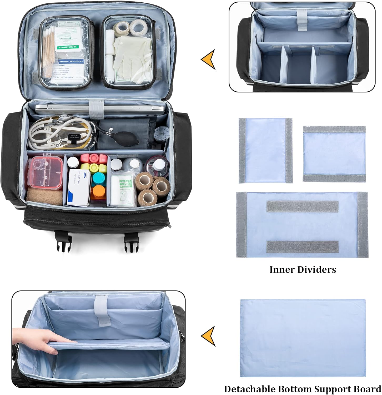 Damero Rolling Medical Bag with Detachable Trolley, Medical Equipment Bag with Removable Pouches and Dividers, First Aid Responder Bag Empty for Home Health Nurses, Doctors, EMT, EMS, Black