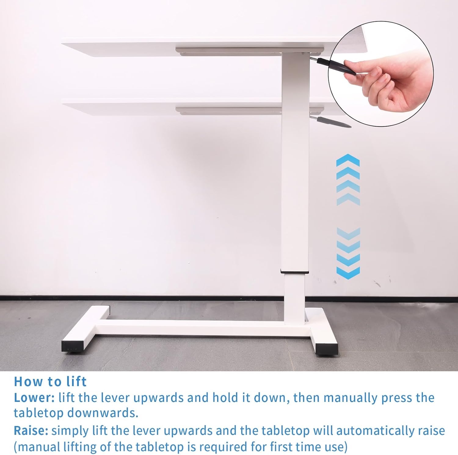 Adjustable Overbed Bedside Table with Swivel Hidden Wheels, Pneumatic Sliding Desk Mobile Desk Workstation for Home and Hospital, Height-Enhanced Version (White)