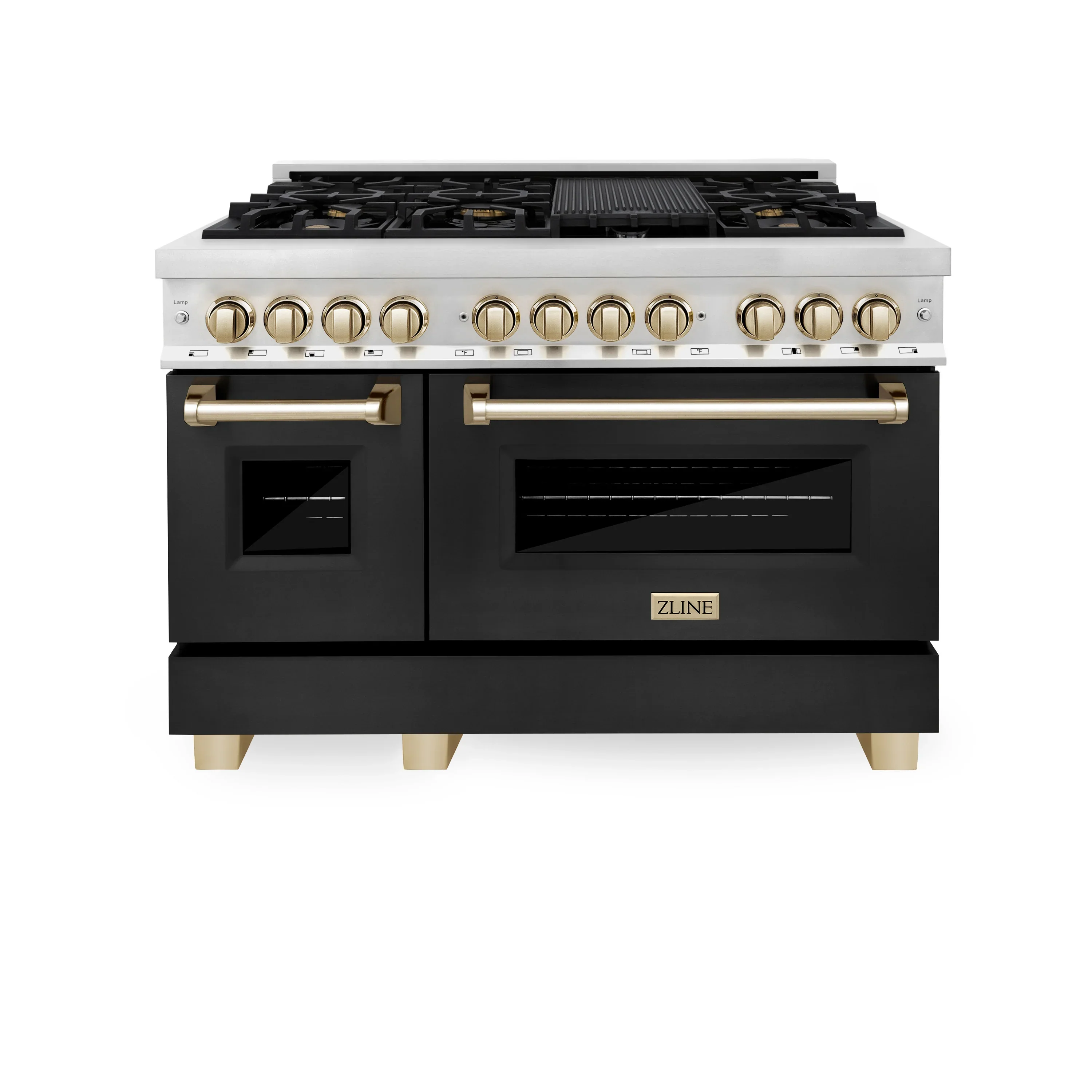ZLINE Legacy Series Autograph Edition 48-inch Dual Fuel Range with Gas Stove and 6.0 Cu. Ft. Electric Oven in Stainless Steel with Black Matte Door and Polished Gold Accents (RAZ-BLM-48-G)