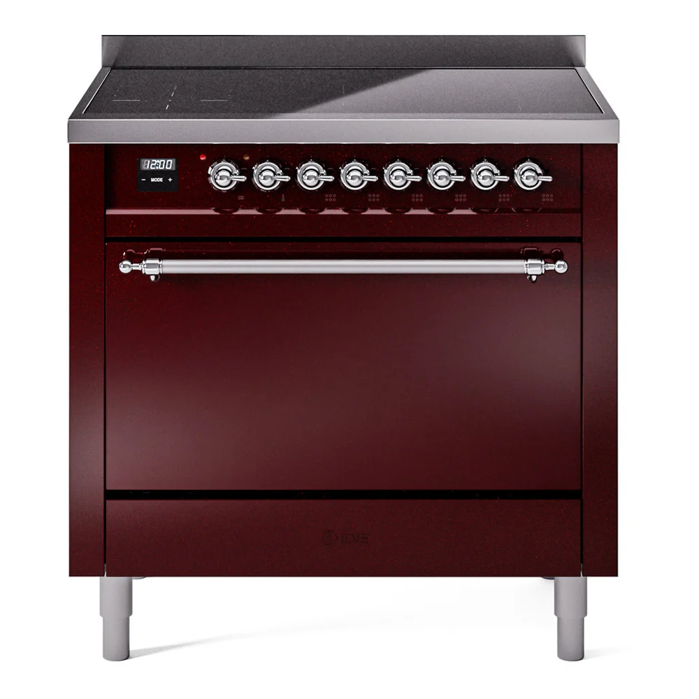 ILVE 36-Inch Nostalgie II Induction Range with Solid Door Oven in Burgundy with Chrome Trim (UPI366QNMPBUC)