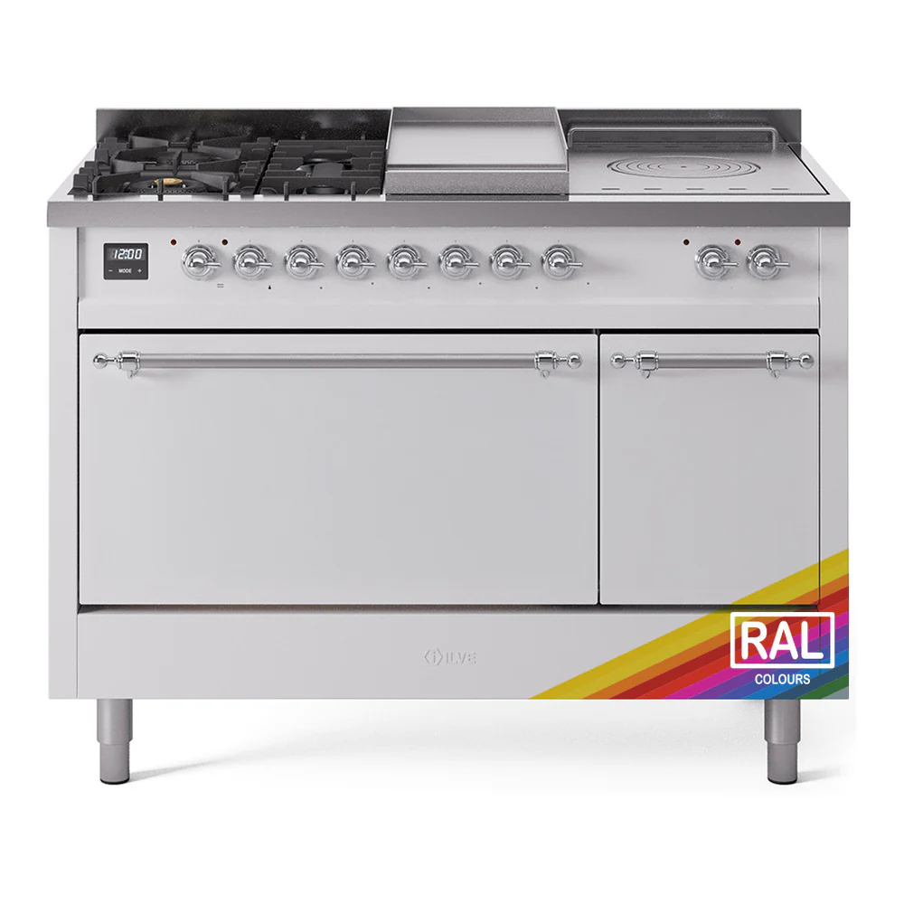 ILVE Nostalgie II 48-Inch Dual Fuel Range with 5 Burners, Griddle, & French Top, with Solid Door Oven in Custom RAL with Chrome Trim (UP48FSQNMPRAC)