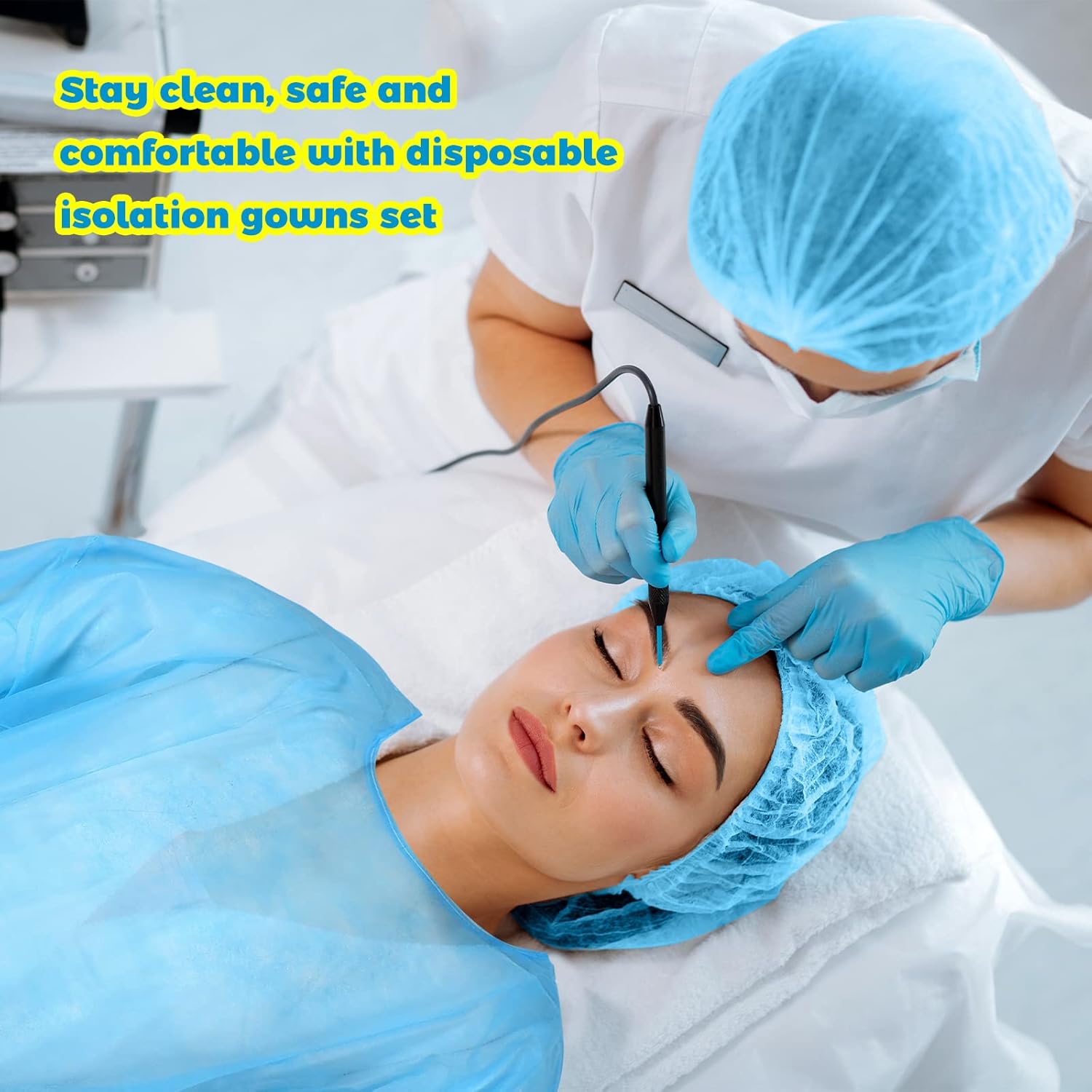 Xuhal Disposable Isolation Gowns Set PPE Gowns Disposable and Non Woven Bouffant Caps with Elastic Cuffs for Labs Home Isolation Beauty Agencies Food Service, Unisex Adult (Blue,300 Set)