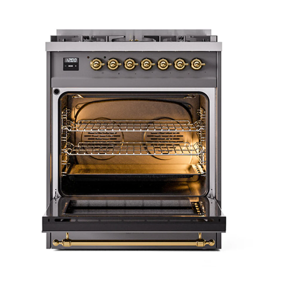 ILVE Nostalgie II 30-Inch Dual Fuel Range with Solid Door in Matte Graphite with Brass Trim (UP30QNMPMGG)