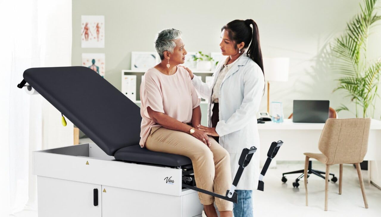 Slim Line Medical Exam Table with Stirrups, Black, 420 lbs Weight Capacity